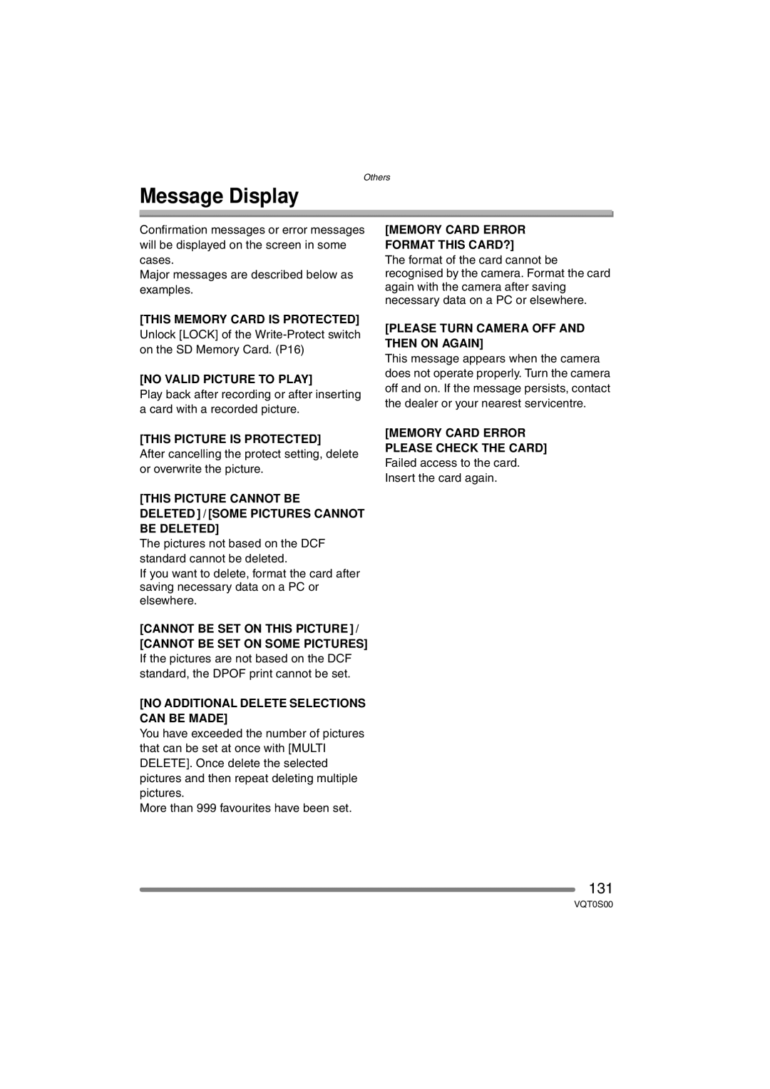 Panasonic DMC-FZ30EB operating instructions Message Display, 131 