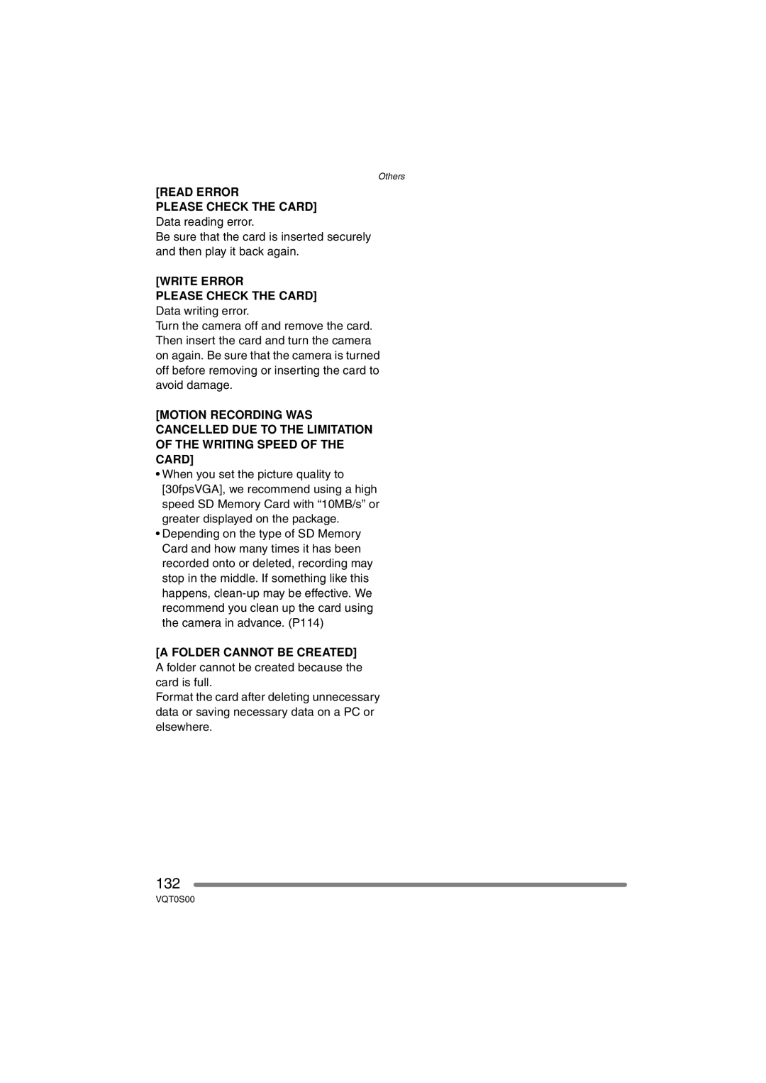 Panasonic DMC-FZ30EB 132, Read Error Please Check the Card, Write Error Please Check the Card, Folder Cannot be Created 