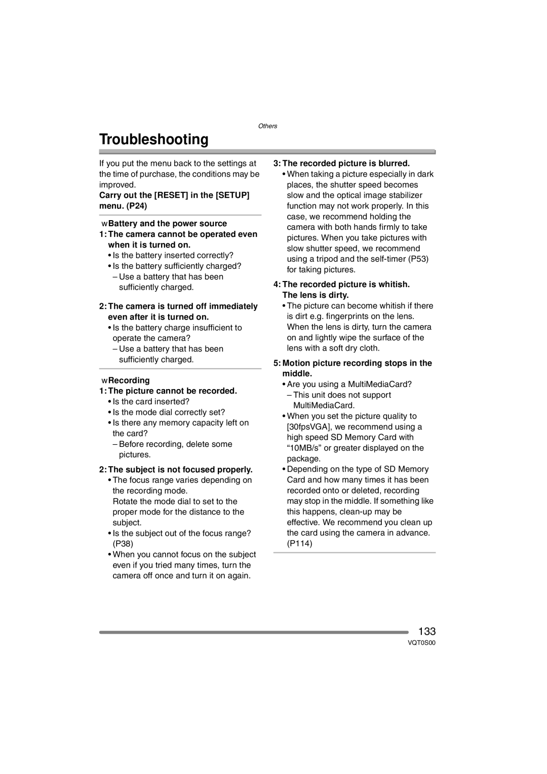 Panasonic DMC-FZ30EB operating instructions Troubleshooting, 133 