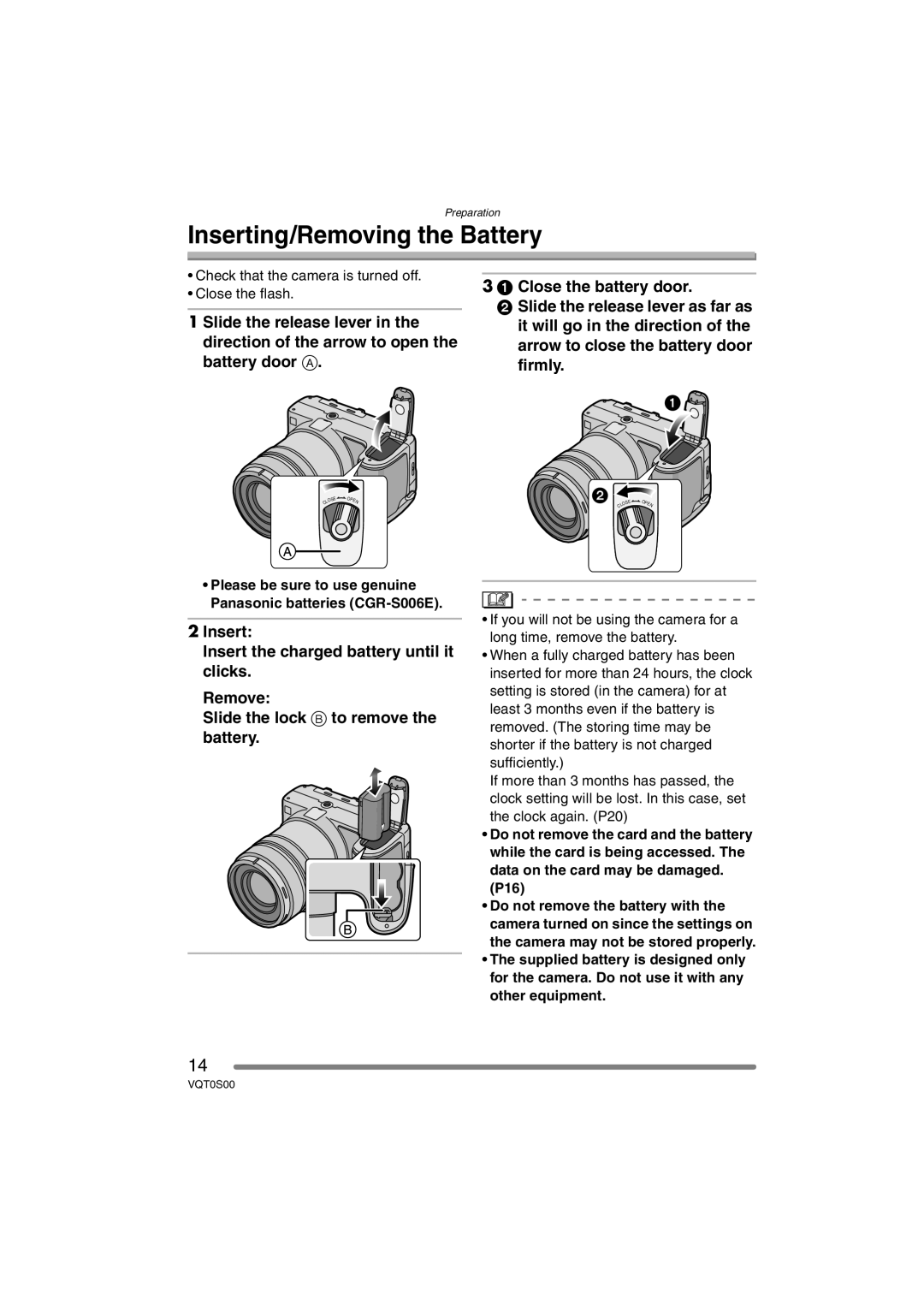 Panasonic DMC-FZ30EB Inserting/Removing the Battery, Check that the camera is turned off Close the flash 