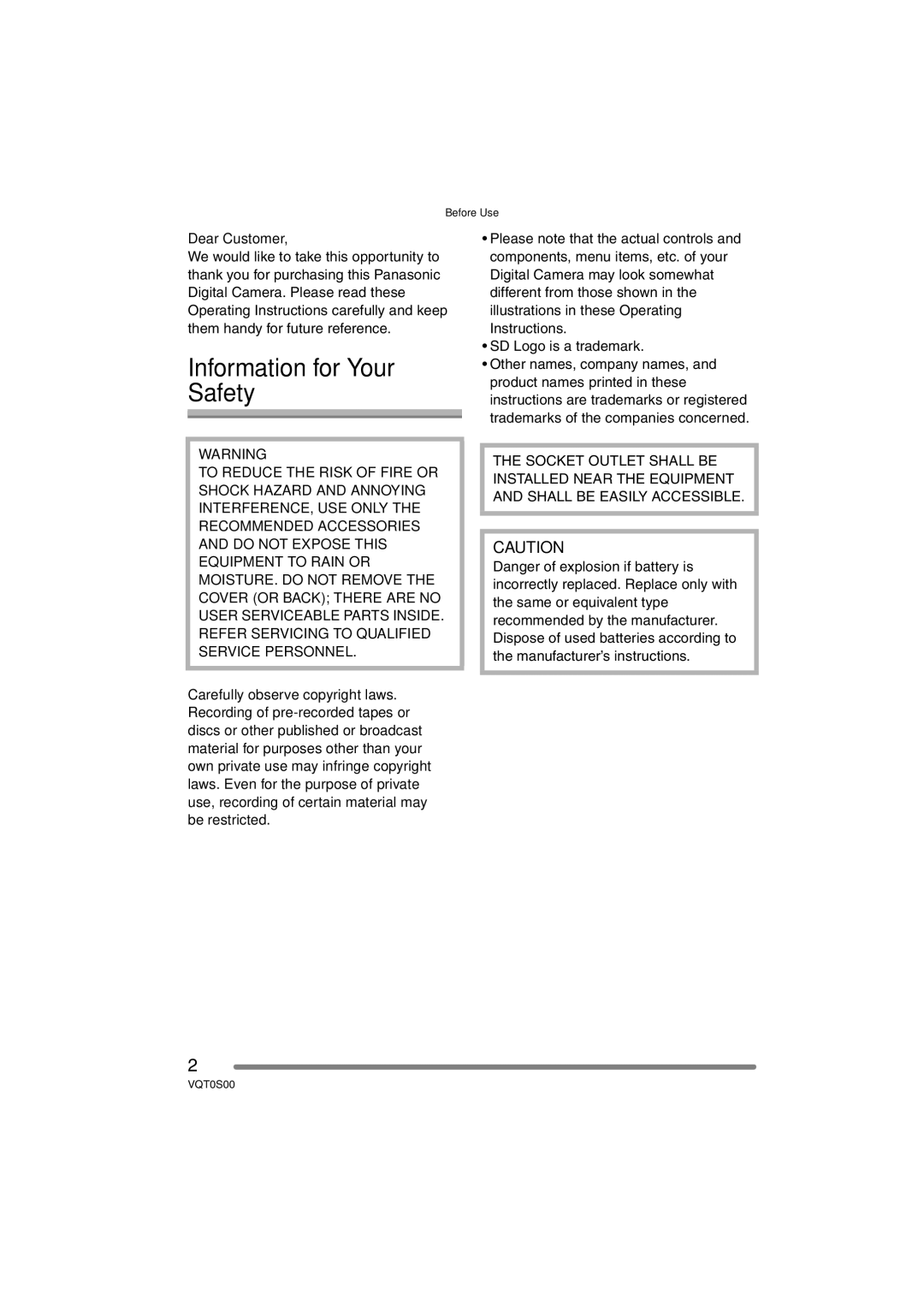 Panasonic DMC-FZ30EB operating instructions Information for Your Safety, Dear Customer 