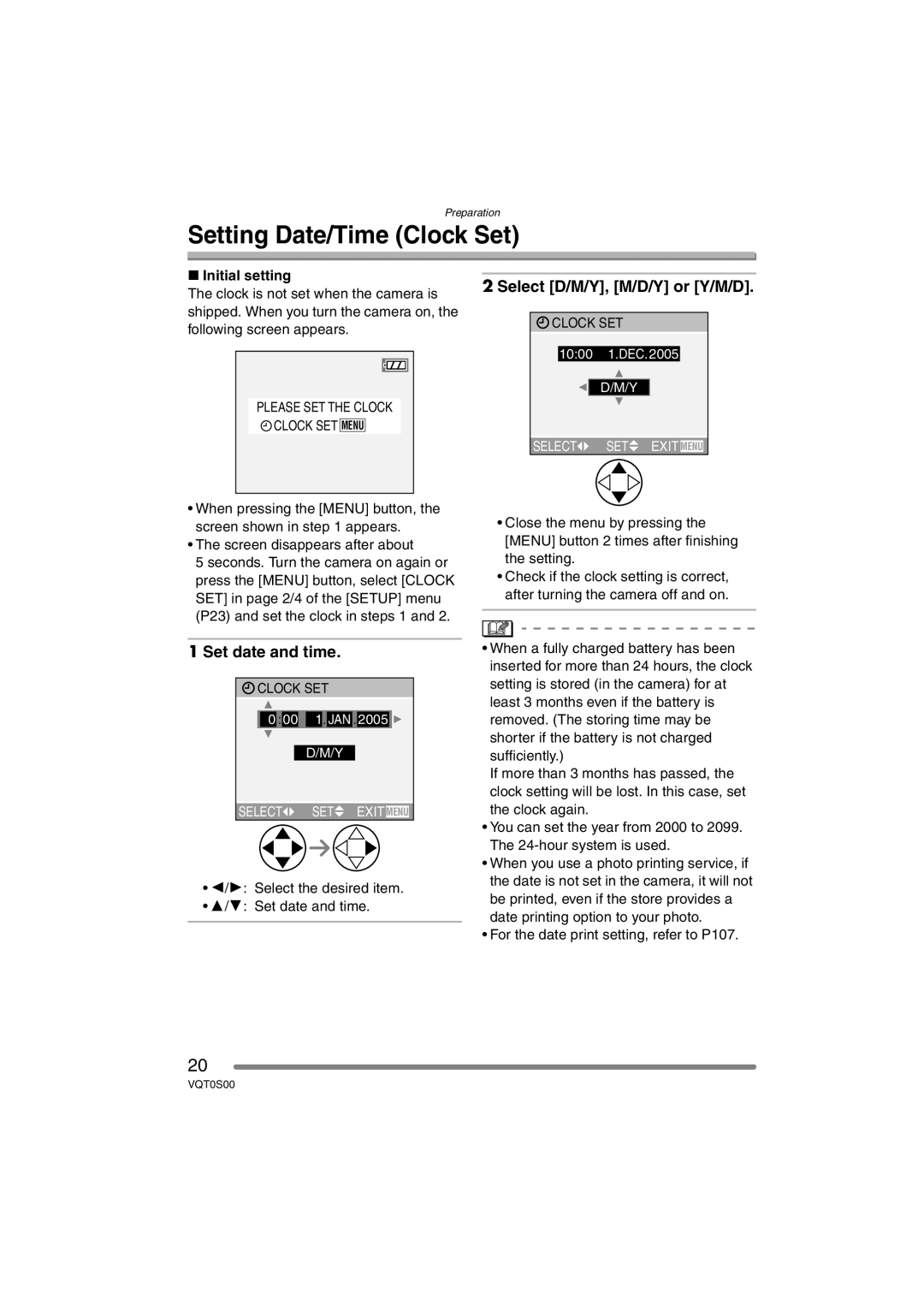 Panasonic DMC-FZ30EB Setting Date/Time Clock Set, Select D/M/Y, M/D/Y or Y/M/D, Set date and time, Initial setting 