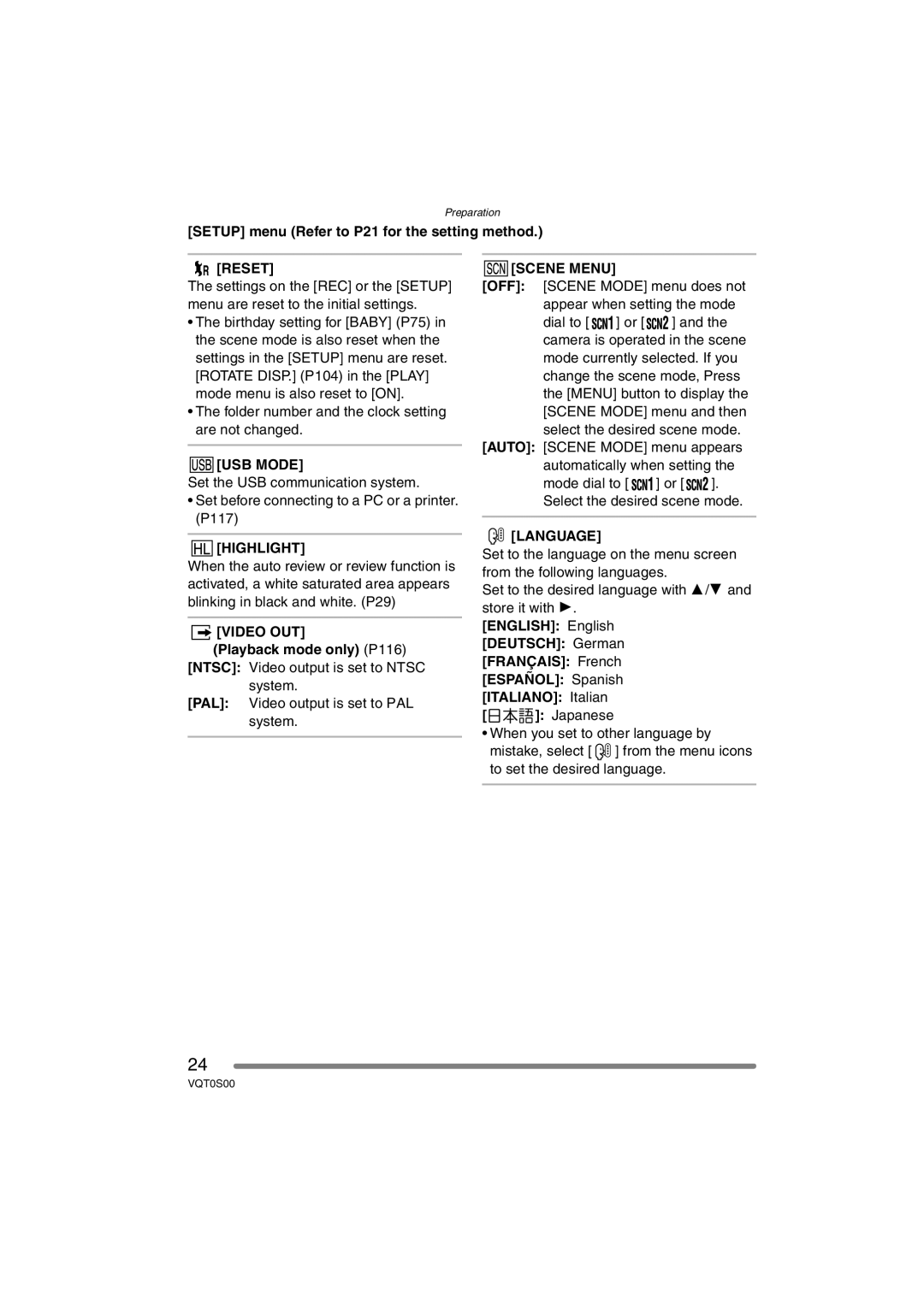 Panasonic DMC-FZ30EB operating instructions Reset, Highlight, Video OUT, Scene Menu, Language 