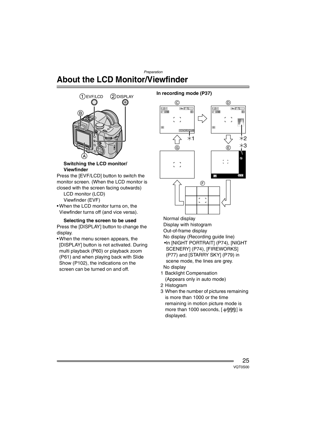 Panasonic DMC-FZ30EB About the LCD Monitor/Viewfinder, Switching the LCD monitor/ Viewfinder, Recording mode P37 