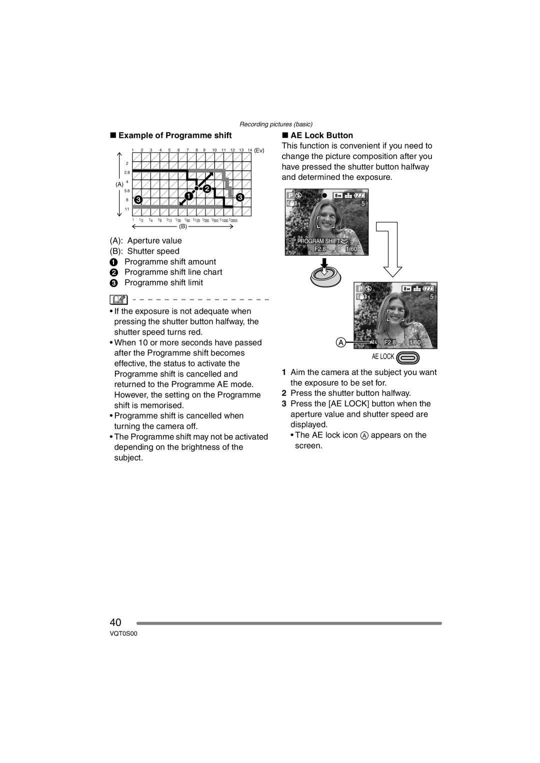 Panasonic DMC-FZ30EB operating instructions Example of Programme shift, AE Lock Button 