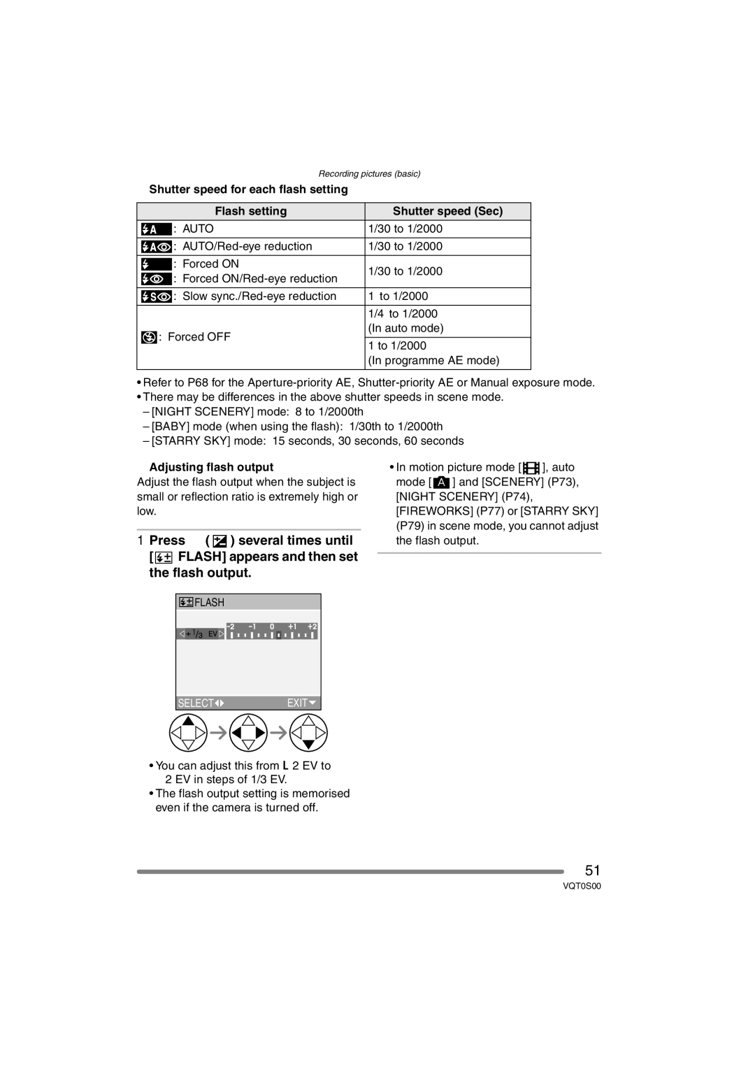 Panasonic DMC-FZ30EB operating instructions 30 to 1/2000, Adjusting flash output 