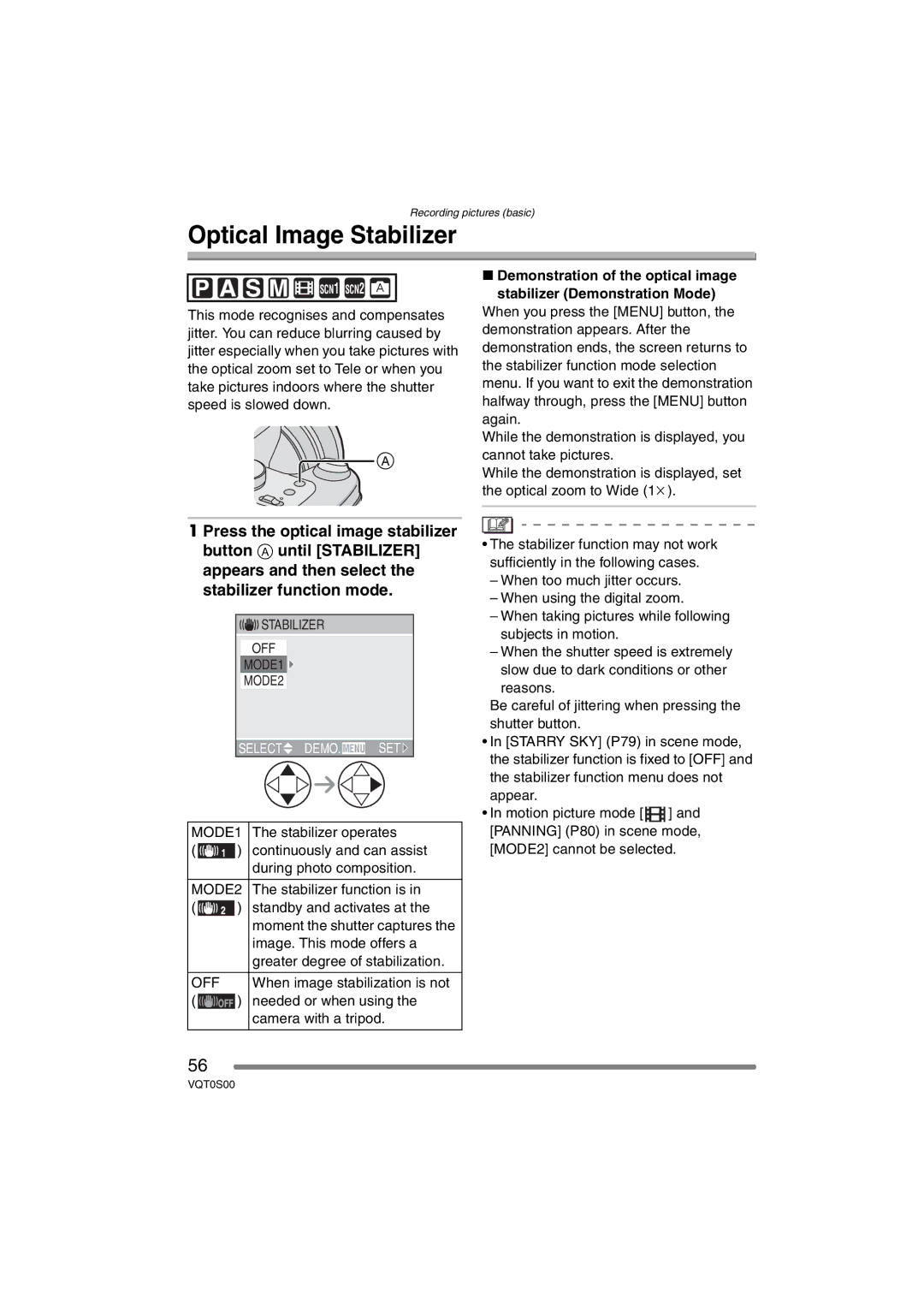 Panasonic DMC-FZ30EB operating instructions Optical Image Stabilizer, MODE1, MODE2 