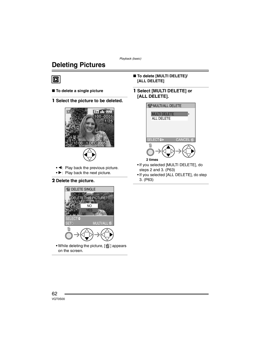 Panasonic DMC-FZ30EB operating instructions Delete the picture, Play back the previous picture Play back the next picture 