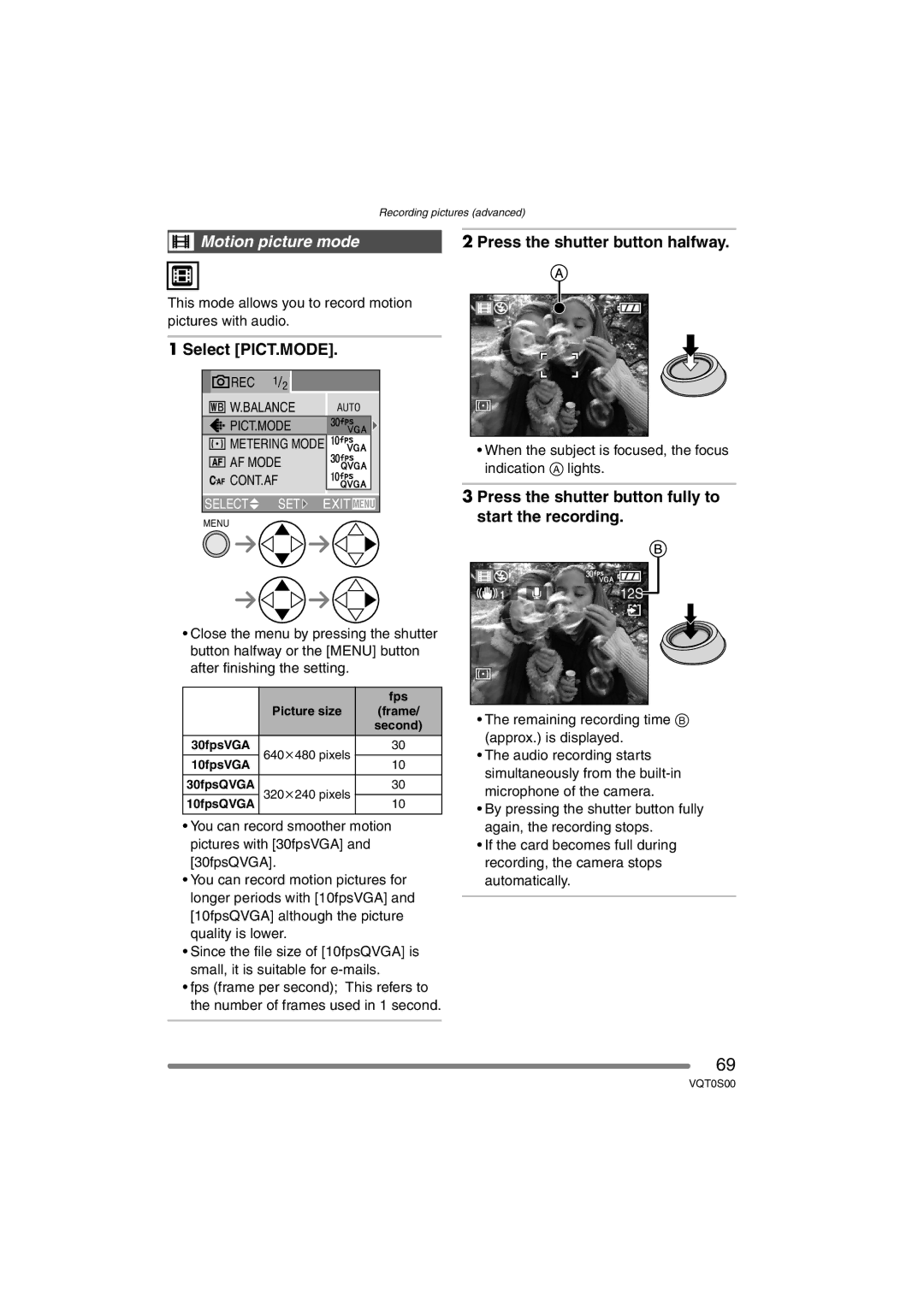 Panasonic DMC-FZ30EB operating instructions Motion picture mode, Press the shutter button halfway, Select PICT.MODE 