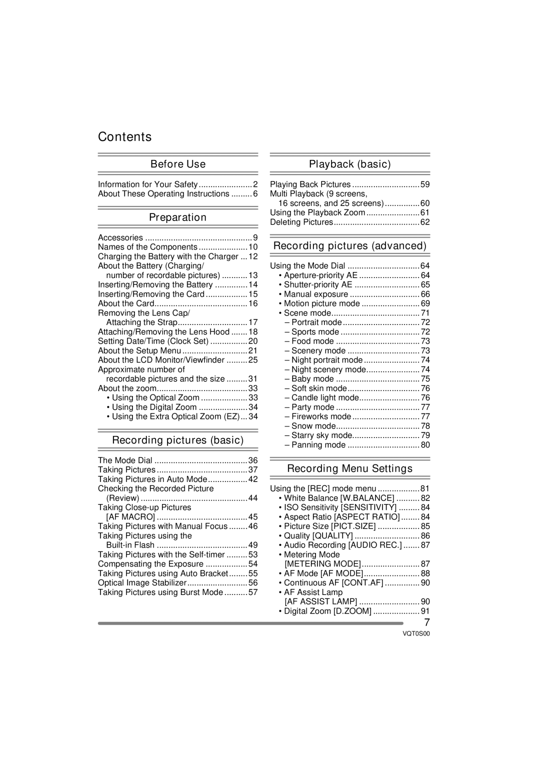 Panasonic DMC-FZ30EB operating instructions Contents 