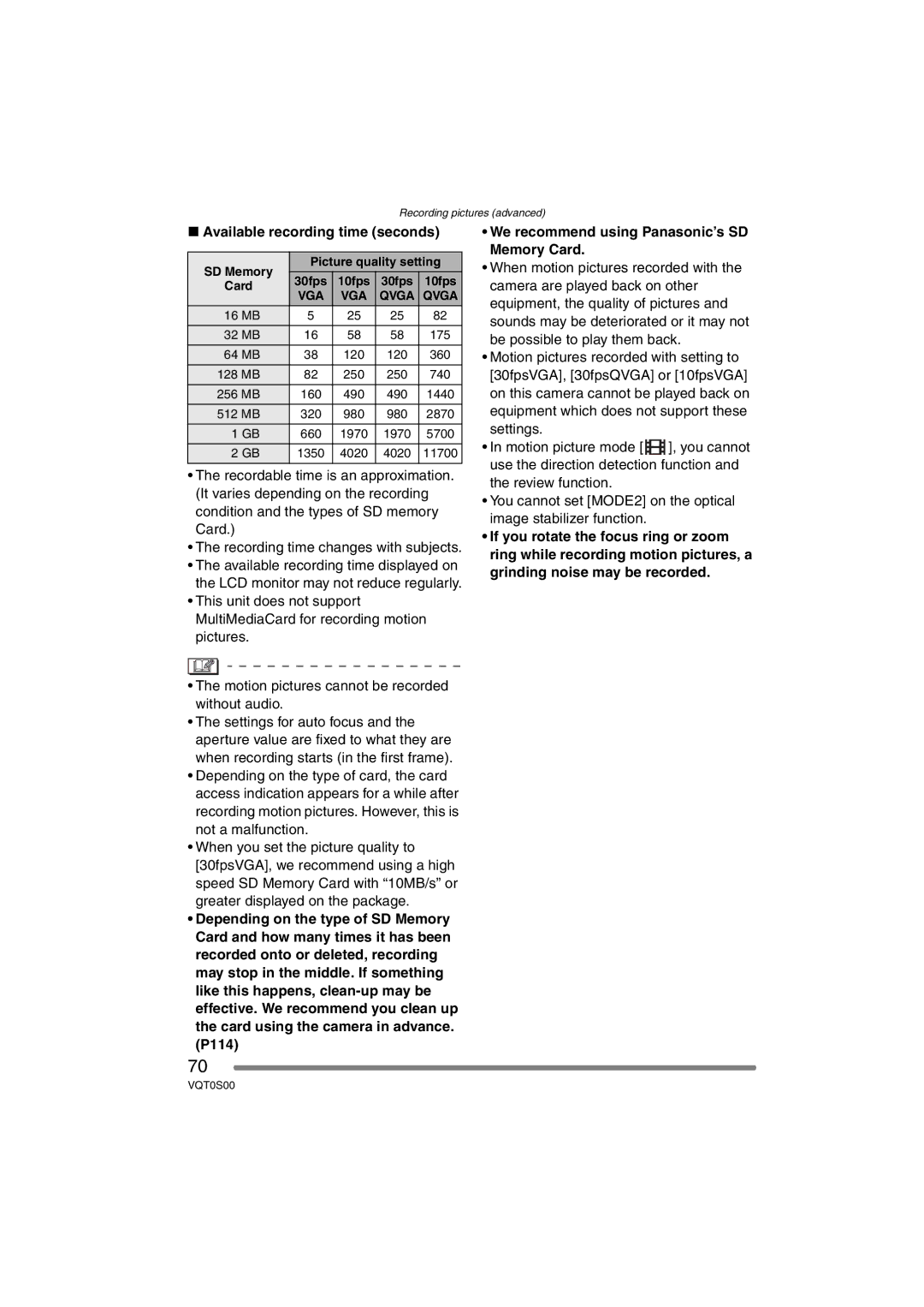 Panasonic DMC-FZ30EB operating instructions Available recording time seconds, VGA Qvga 