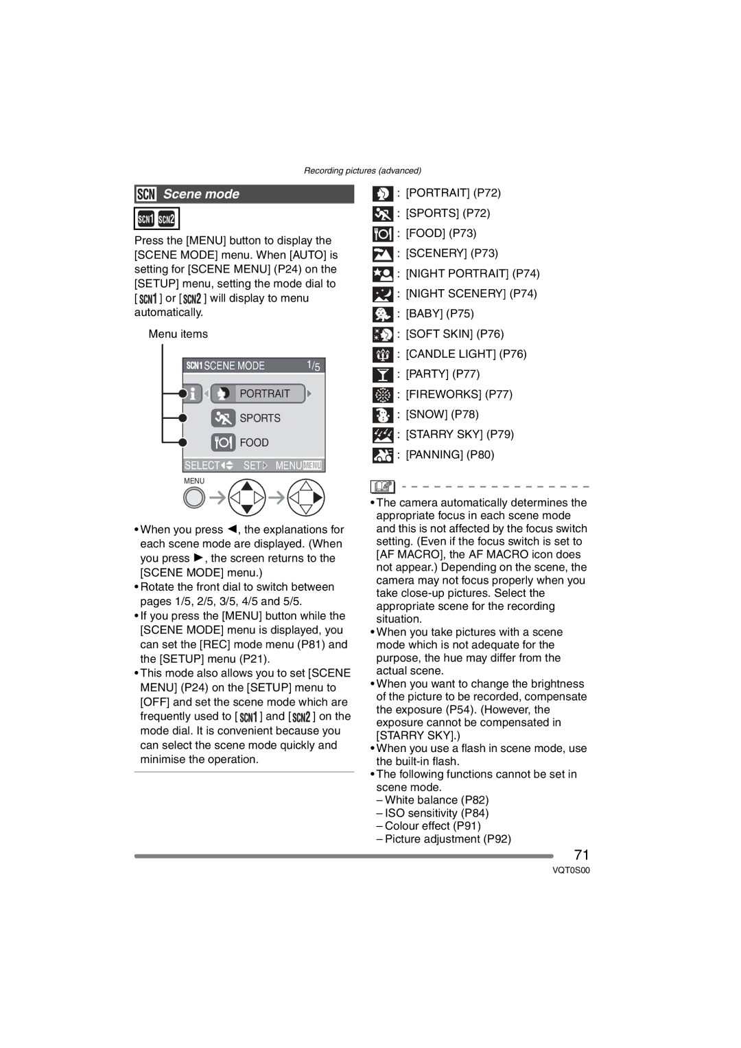 Panasonic DMC-FZ30EB operating instructions Scene mode, Night Portrait P74 Night Scenery P74 