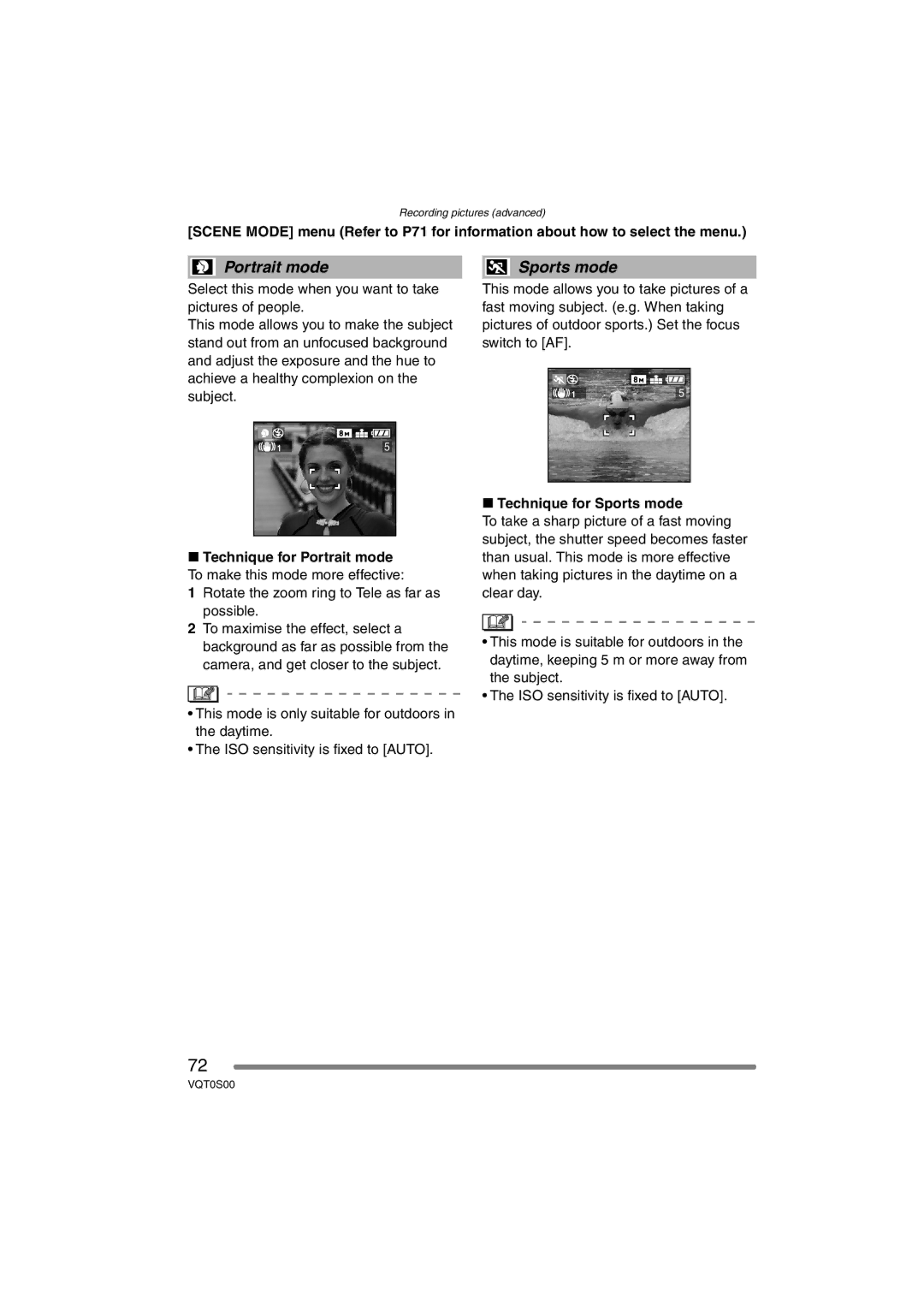 Panasonic DMC-FZ30EB operating instructions Portrait mode, Sports mode, Rotate the zoom ring to Tele as far as possible 