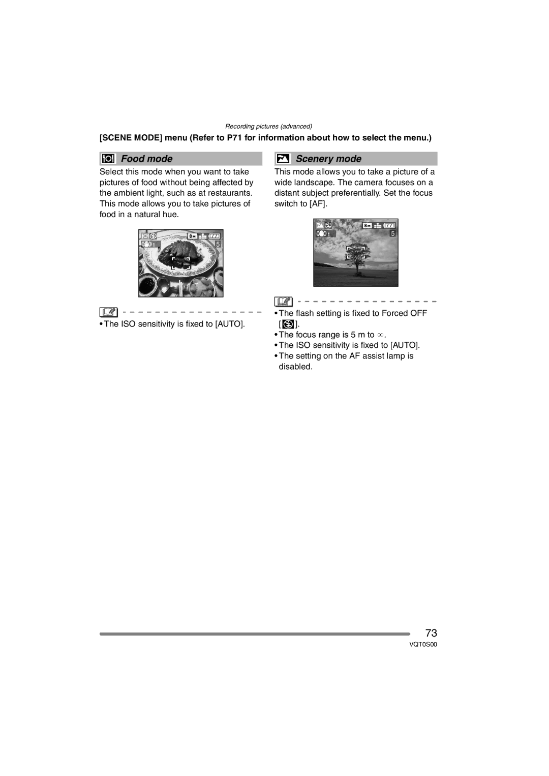 Panasonic DMC-FZ30EB operating instructions Food mode, Scenery mode 