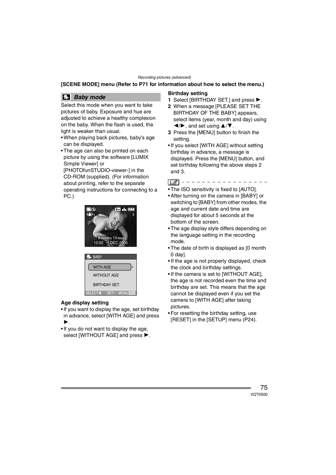 Panasonic DMC-FZ30EB operating instructions Baby mode, Age display setting, Birthday setting 