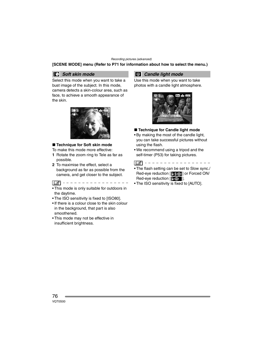 Panasonic DMC-FZ30EB operating instructions Soft skin mode, Technique for Candle light mode 