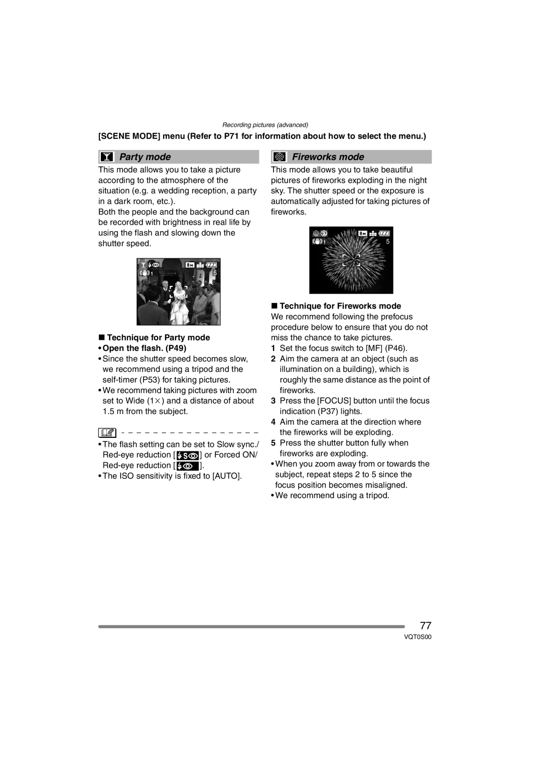 Panasonic DMC-FZ30EB operating instructions Fireworks mode, Technique for Party mode Open the flash. P49 