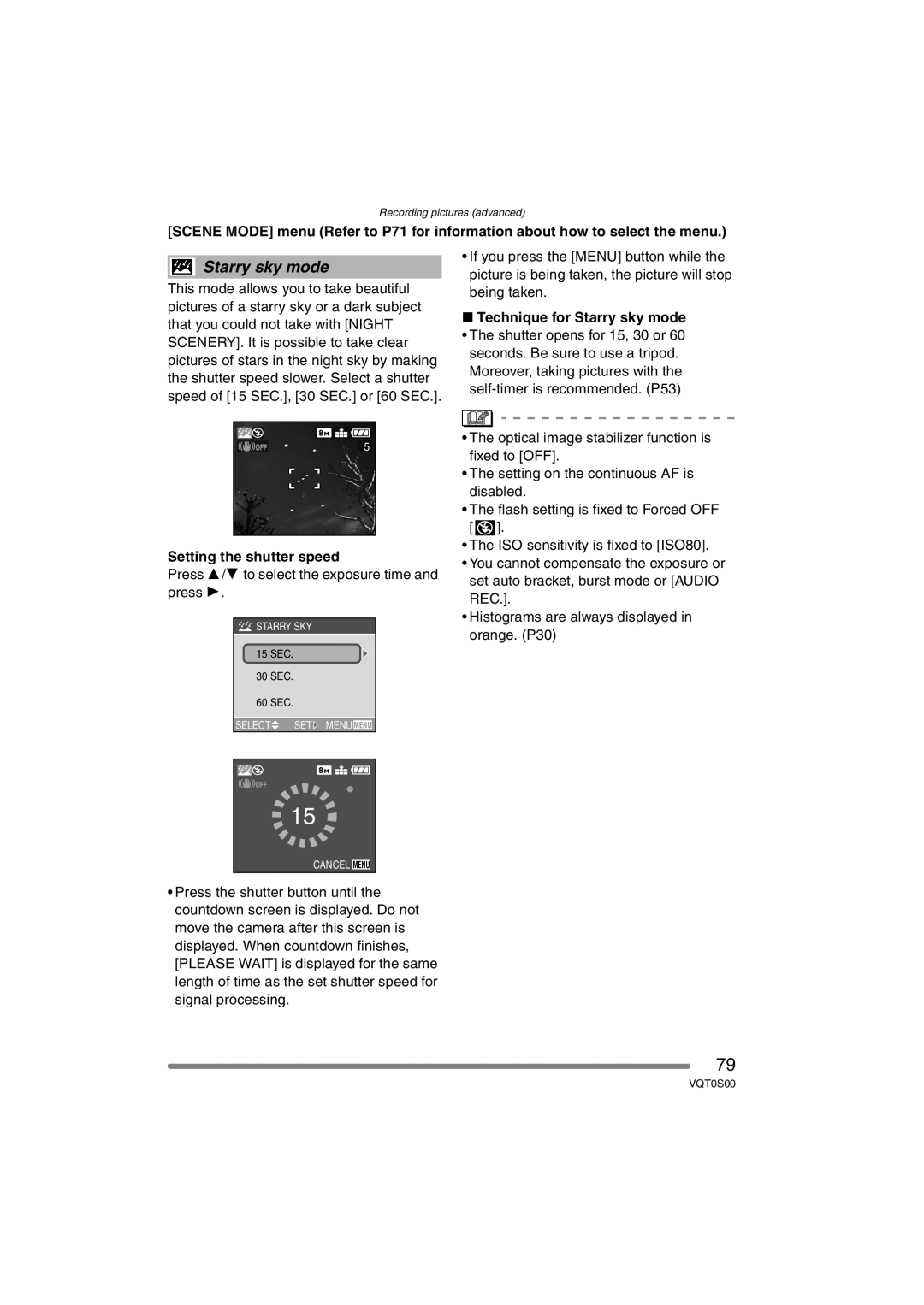 Panasonic DMC-FZ30EB operating instructions Technique for Starry sky mode, Setting the shutter speed 