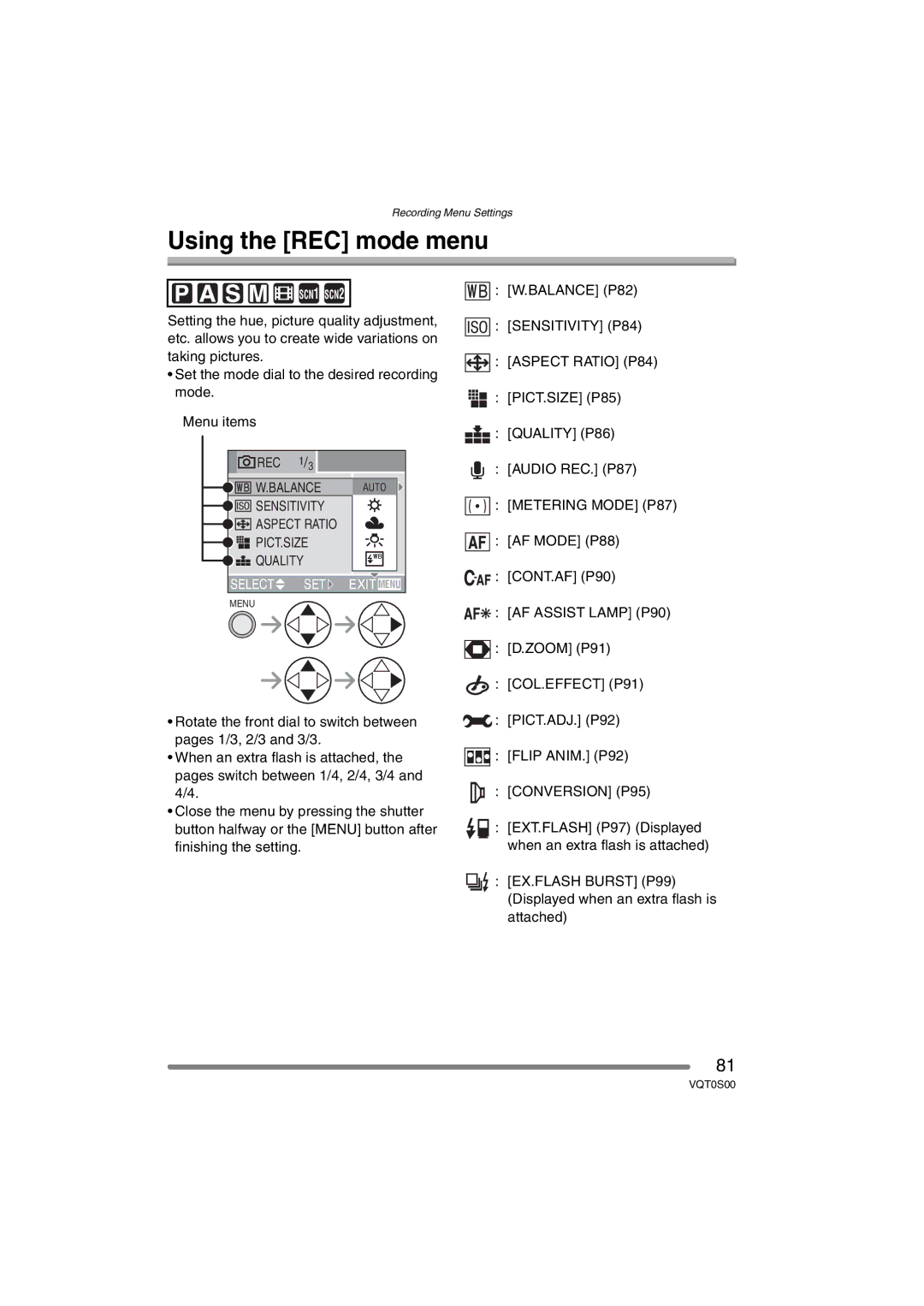 Panasonic DMC-FZ30EB operating instructions Using the REC mode menu, Metering Mode P87, Conversion P95 