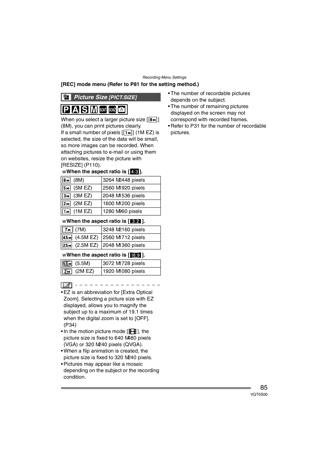 Panasonic DMC-FZ30EB operating instructions Picture Size PICT.SIZE, When the aspect ratio is 