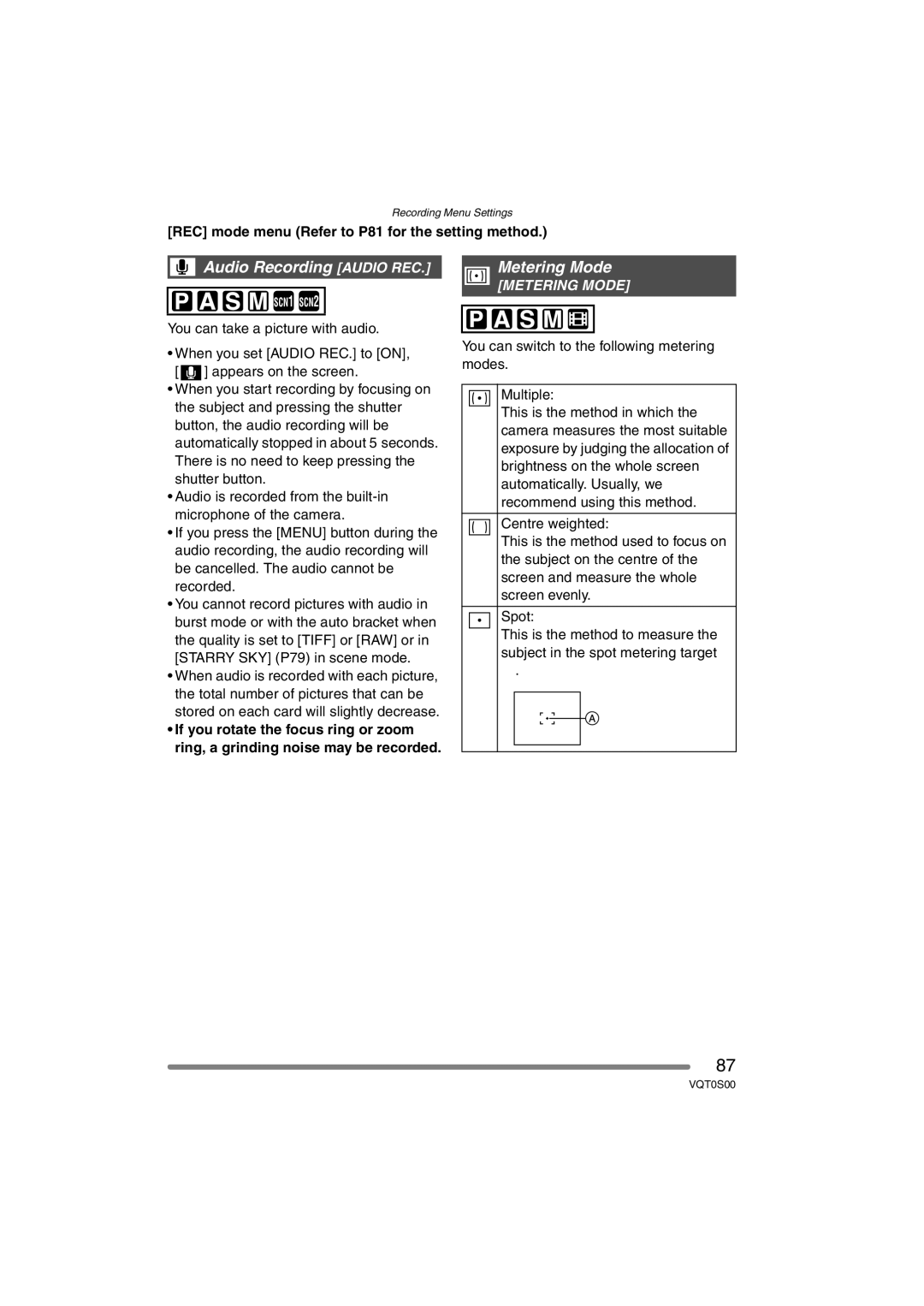 Panasonic DMC-FZ30EB operating instructions Audio Recording Audio REC, Metering Mode 