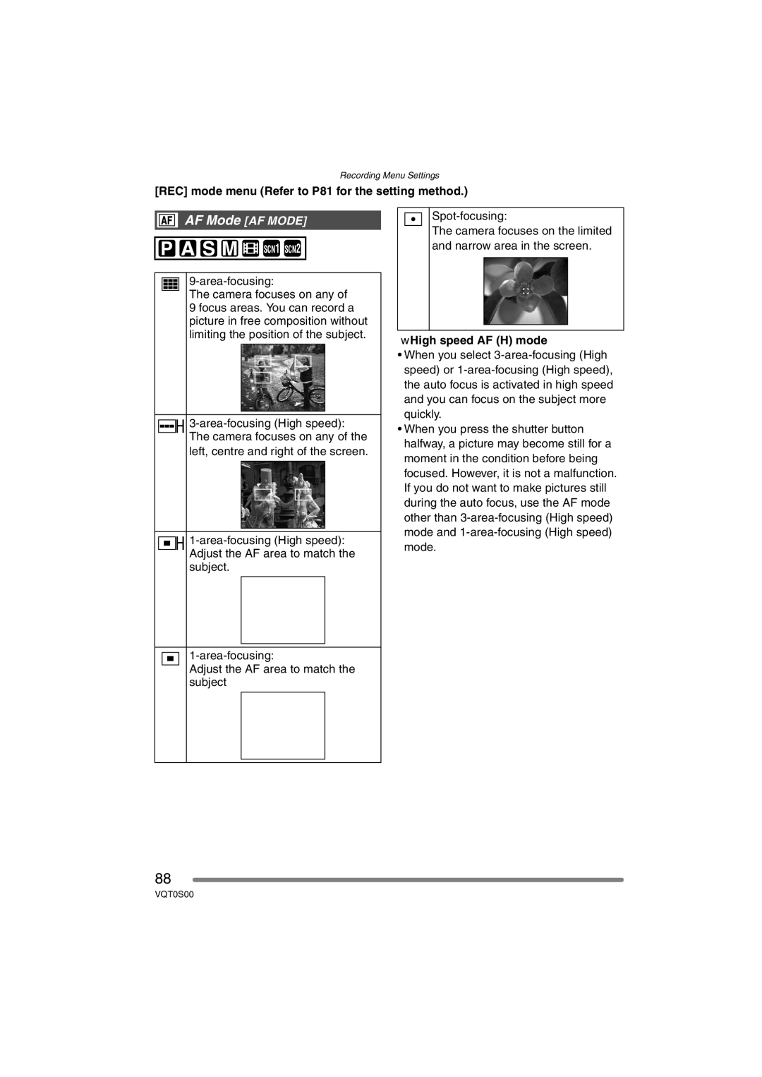 Panasonic DMC-FZ30EB operating instructions AF Mode AF Mode, Area-focusing Camera focuses on any, High speed AF H mode 