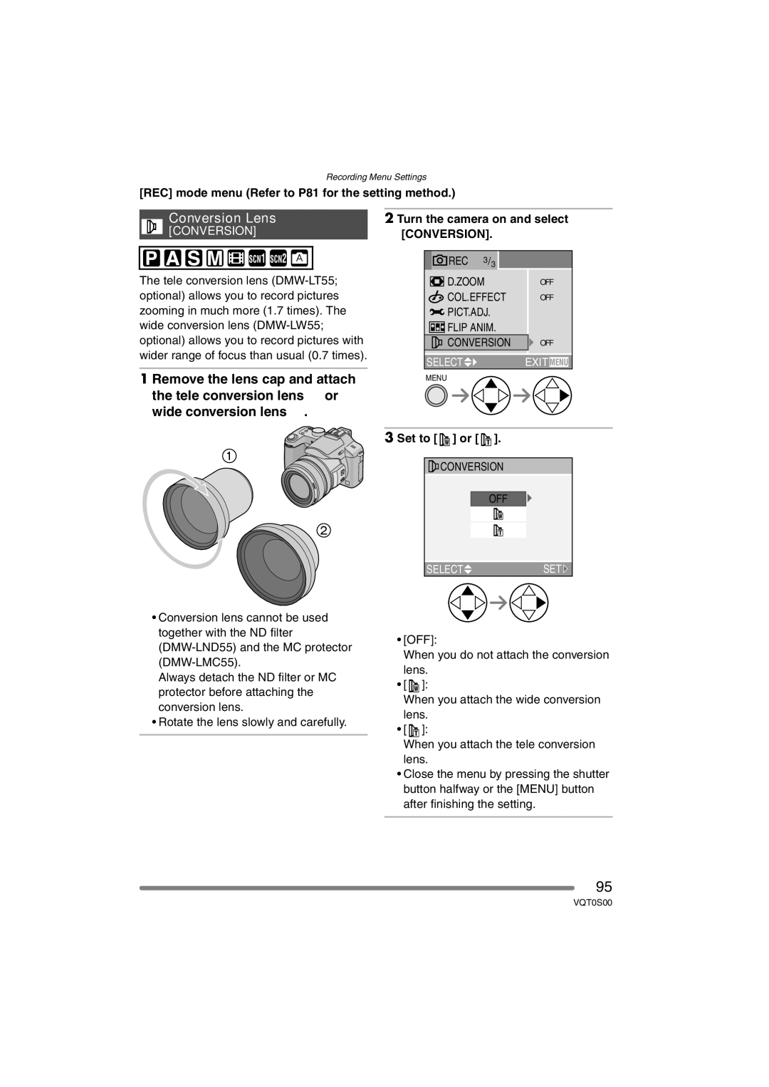 Panasonic DMC-FZ30EB operating instructions Conversion Lens, Set to or, Rotate the lens slowly and carefully OFF 