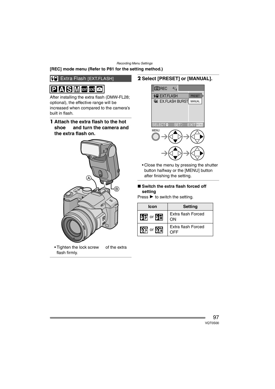 Panasonic DMC-FZ30EB operating instructions Extra Flash EXT.FLASH, Switch the extra flash forced off setting, Icon Setting 