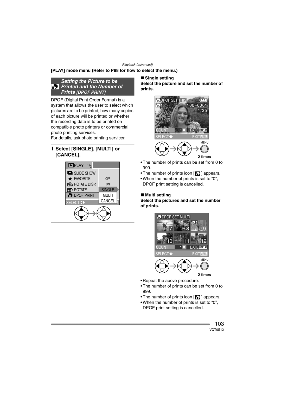 Panasonic DMC-FZ30GN operating instructions 103, Setting the Picture to be Printed and the Number, Select SINGLE, Multi or 