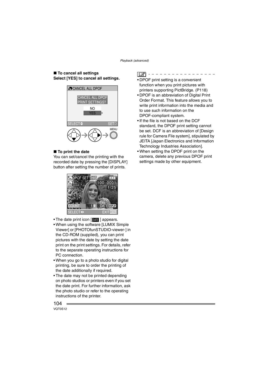 Panasonic DMC-FZ30GN 104, To cancel all settings Select YES to cancel all settings, To print the date 