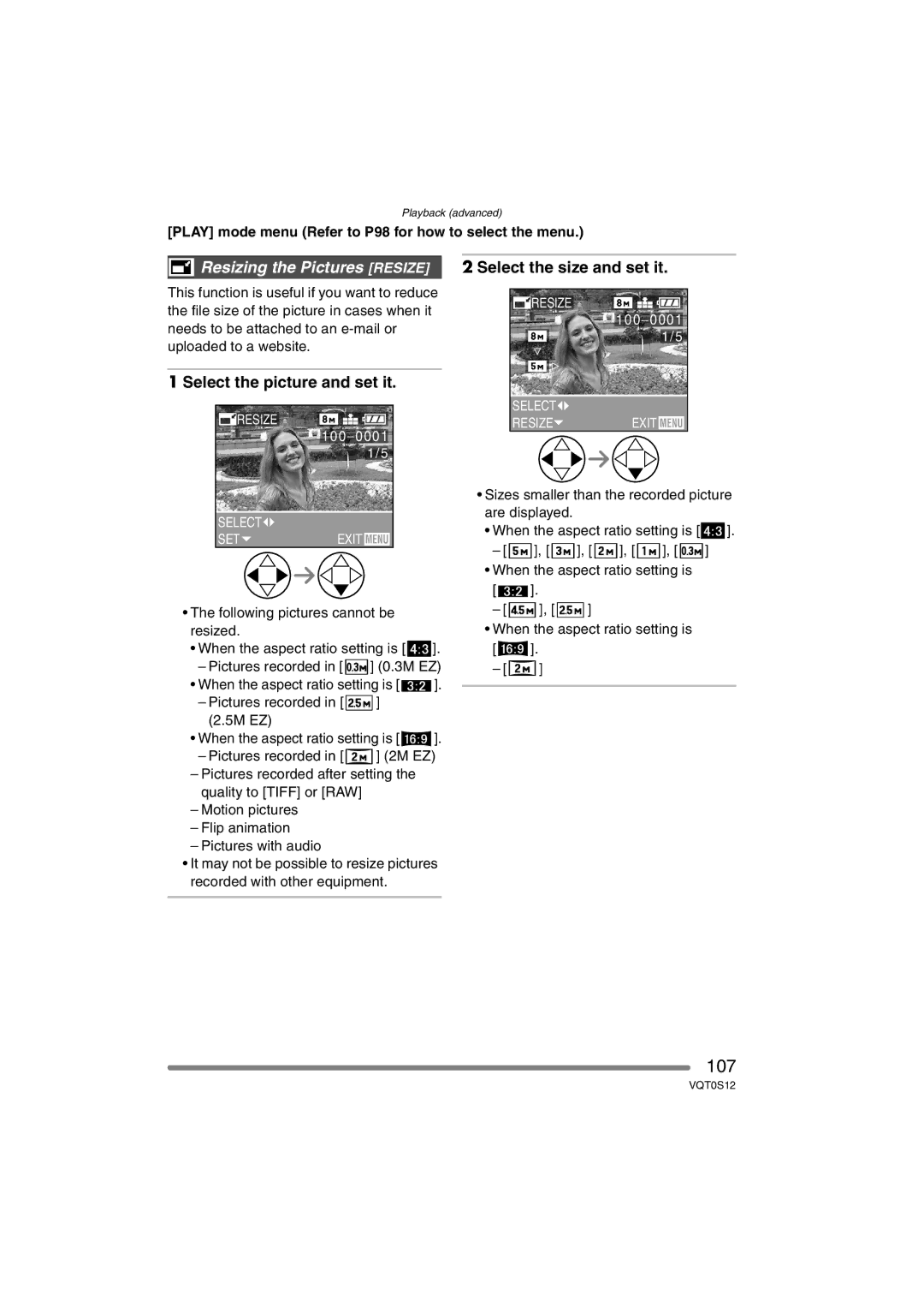 Panasonic DMC-FZ30GN operating instructions 107, Resizing the Pictures Resize, Select the size and set it 