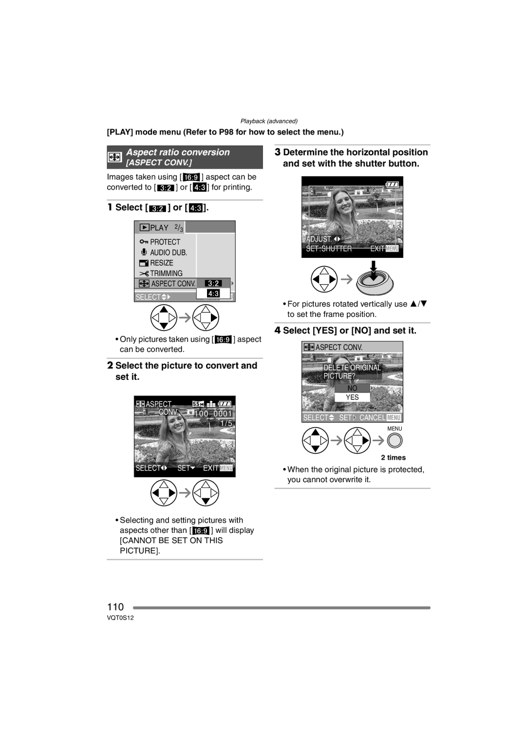 Panasonic DMC-FZ30GN operating instructions 110, Aspect ratio conversion 