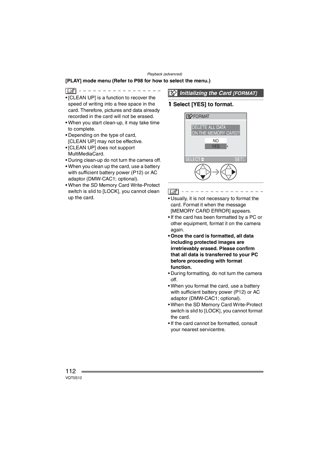 Panasonic DMC-FZ30GN operating instructions 112, Initializing the Card Format, Select YES to format 