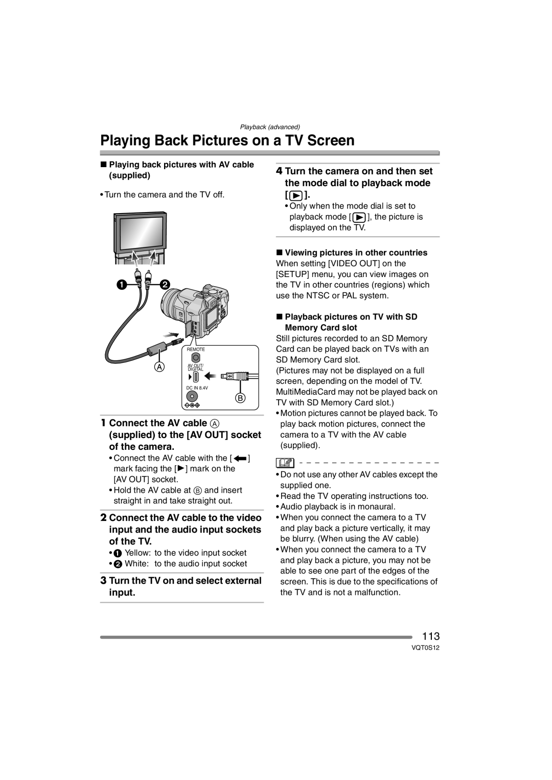 Panasonic DMC-FZ30GN Playing Back Pictures on a TV Screen, 113, Playing back pictures with AV cable supplied 