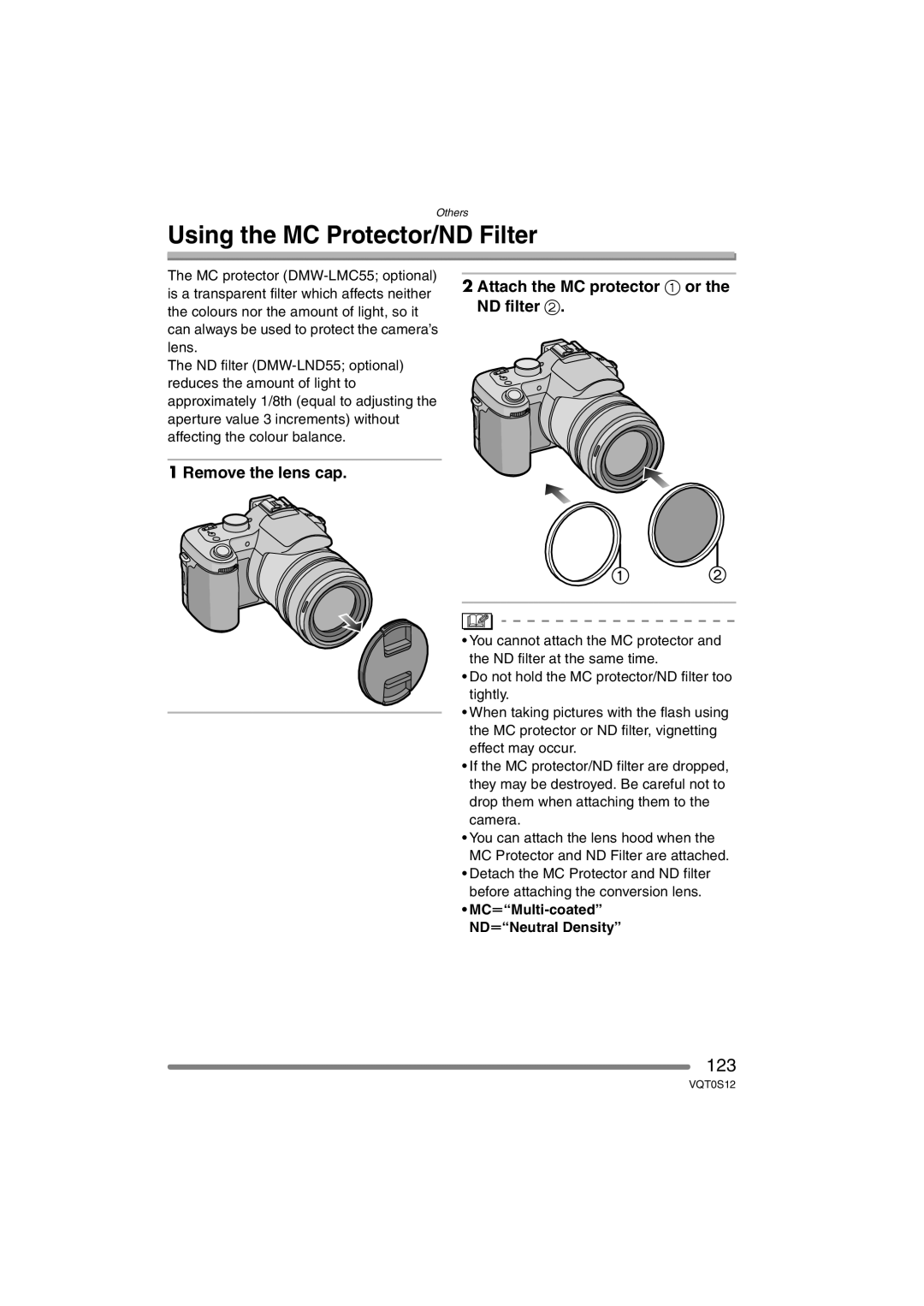 Panasonic DMC-FZ30GN operating instructions Using the MC Protector/ND Filter, 123, MCuMulti-coated NDuNeutral Density 