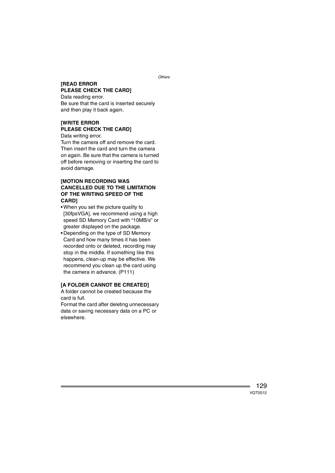 Panasonic DMC-FZ30GN 129, Read Error Please Check the Card, Write Error Please Check the Card, Folder Cannot be Created 