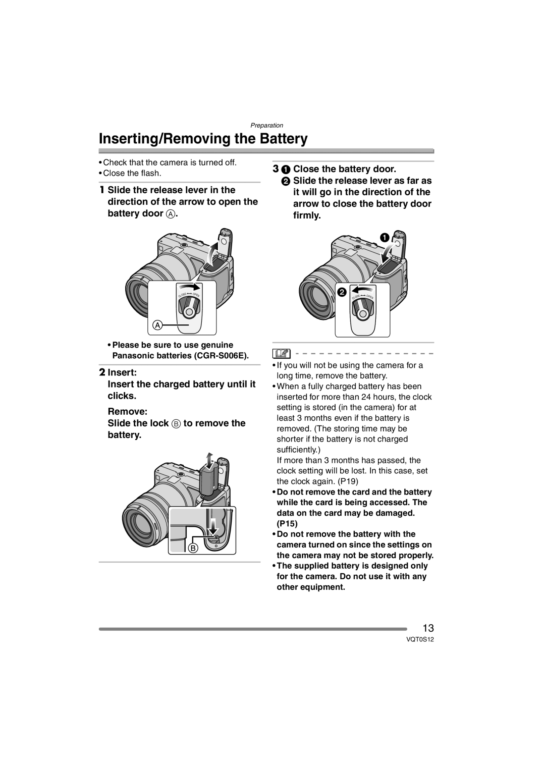 Panasonic DMC-FZ30GN Inserting/Removing the Battery, Check that the camera is turned off Close the flash 