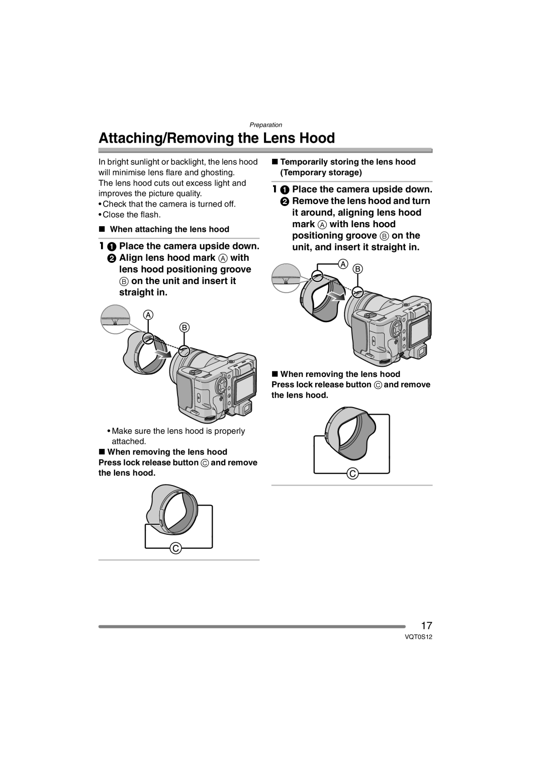 Panasonic DMC-FZ30GN operating instructions Attaching/Removing the Lens Hood, When attaching the lens hood 