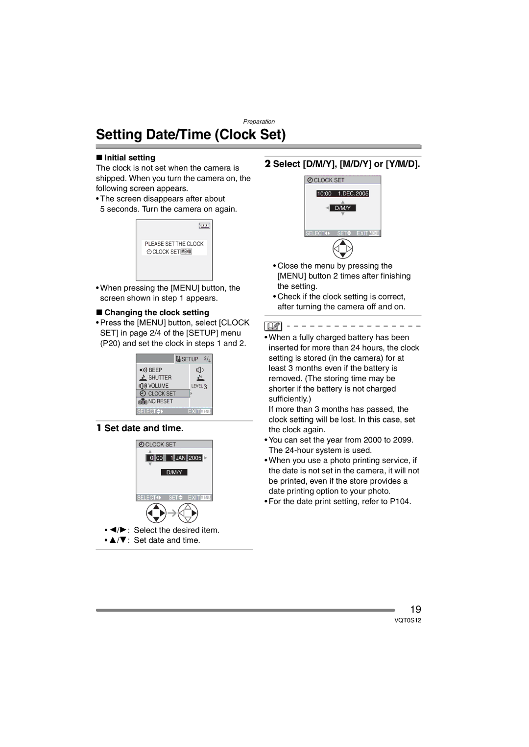 Panasonic DMC-FZ30GN Setting Date/Time Clock Set, Set date and time, Select D/M/Y, M/D/Y or Y/M/D, Initial setting 