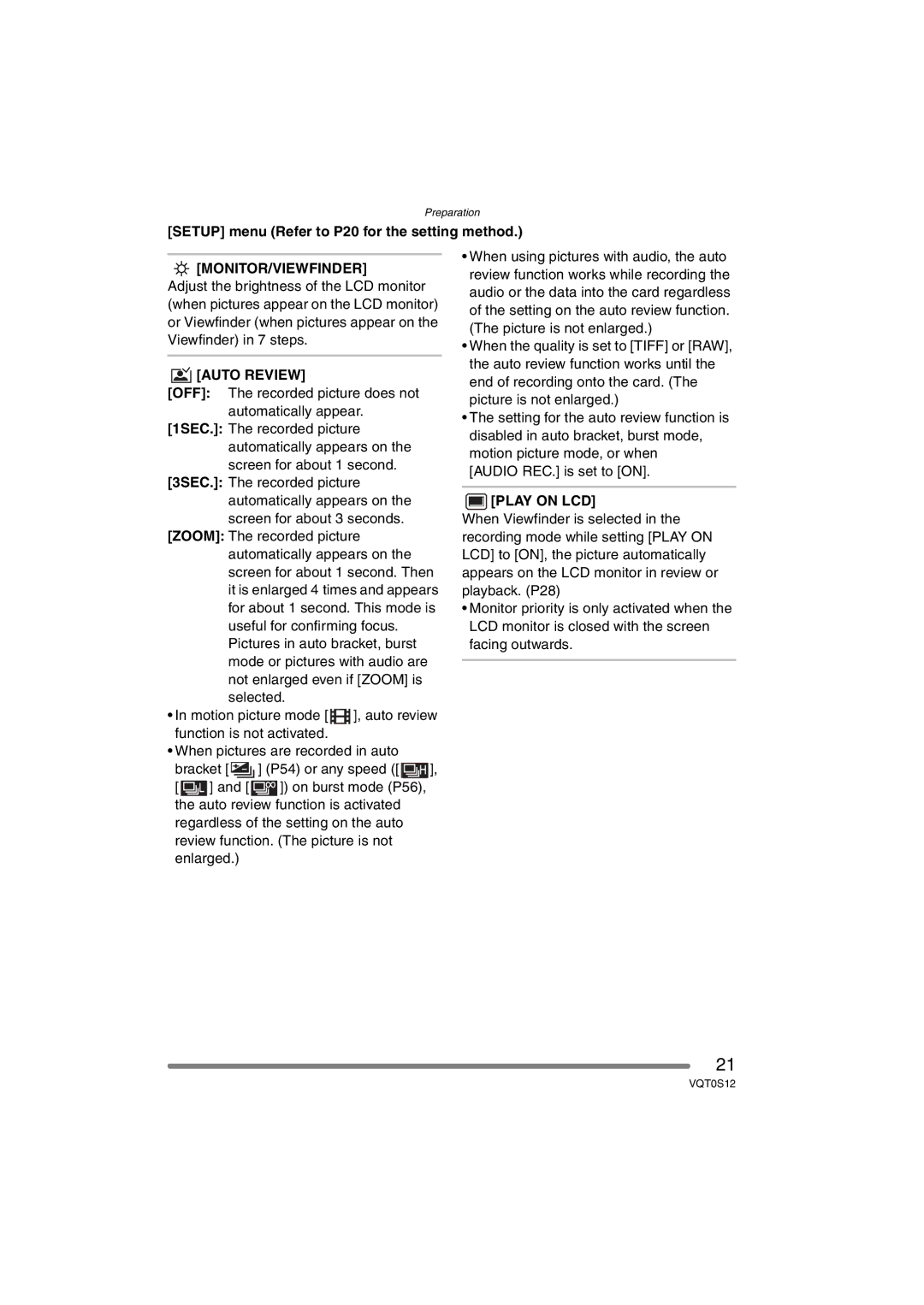 Panasonic DMC-FZ30GN Setup menu Refer to P20 for the setting method, Monitor/Viewfinder, Auto Review, Play on LCD 