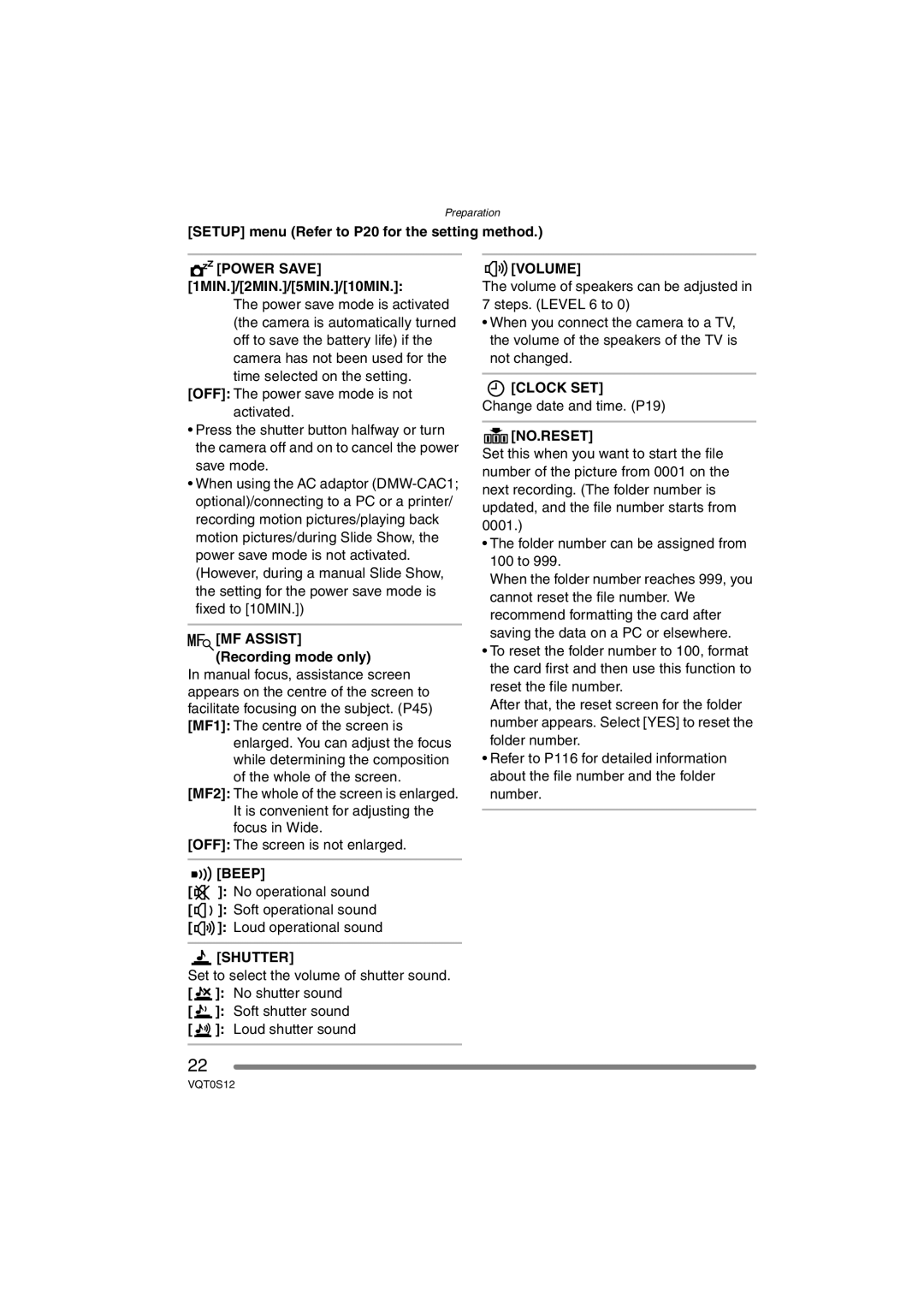 Panasonic DMC-FZ30GN operating instructions Beep, Shutter, Volume, Clock SET, No.Reset 