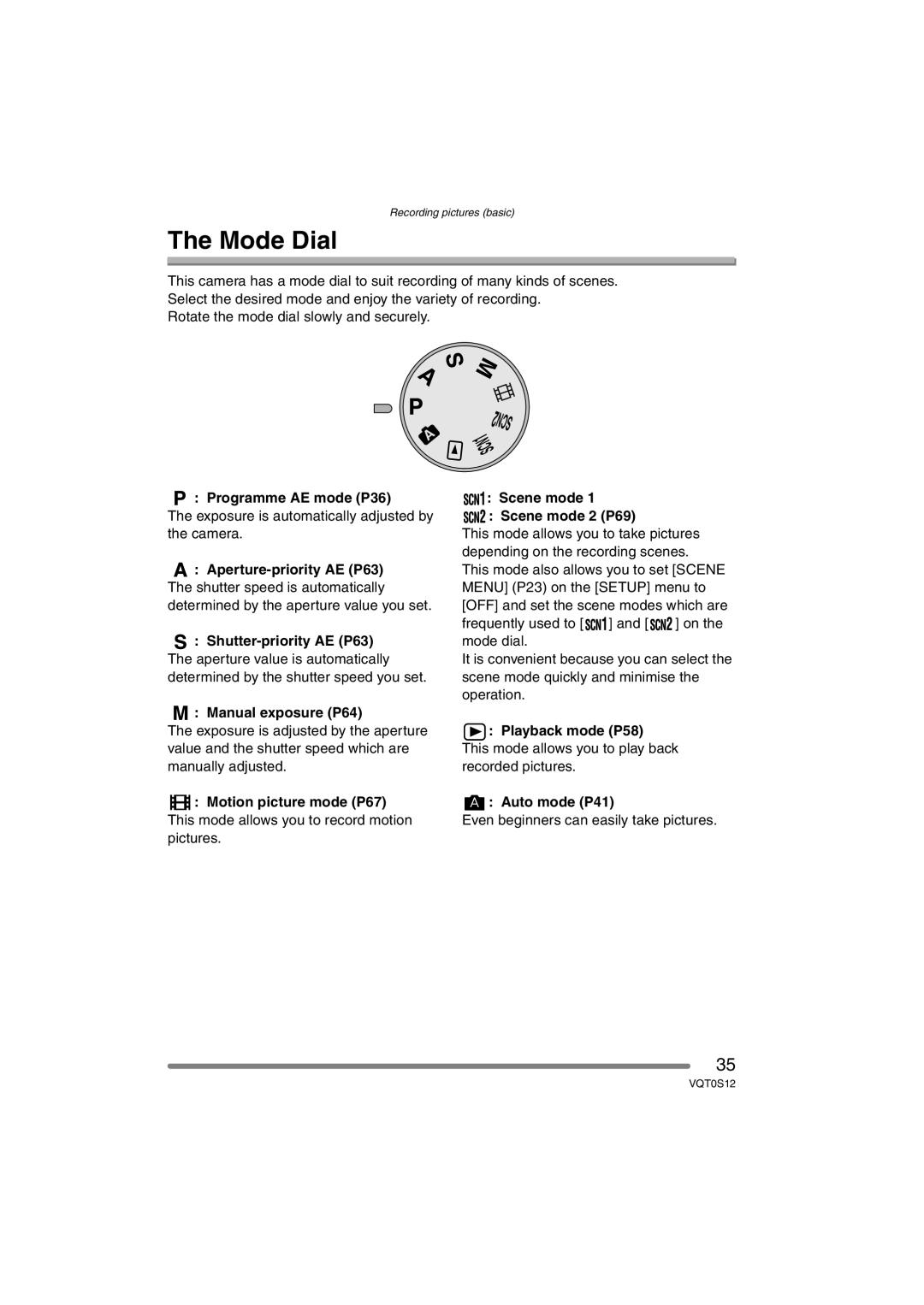 Panasonic DMC-FZ30GN operating instructions Mode Dial, Scn 