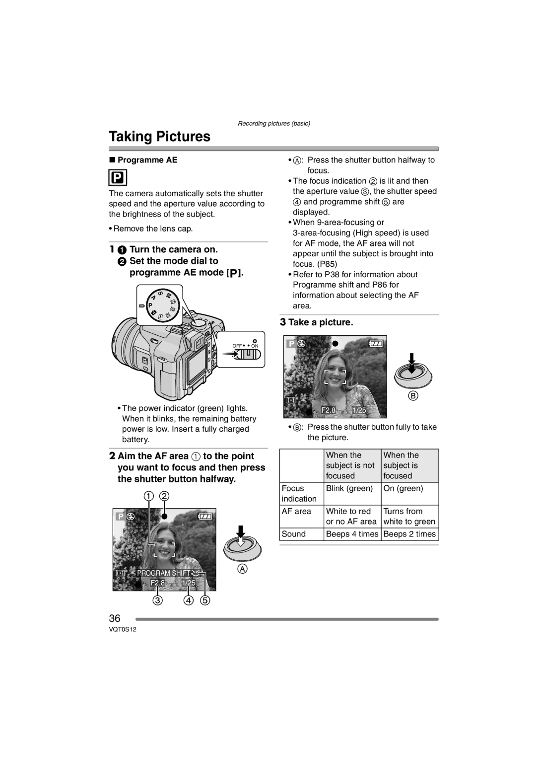 Panasonic DMC-FZ30GN Taking Pictures, Turn the camera on Set the mode dial to programme AE mode, Take a picture 