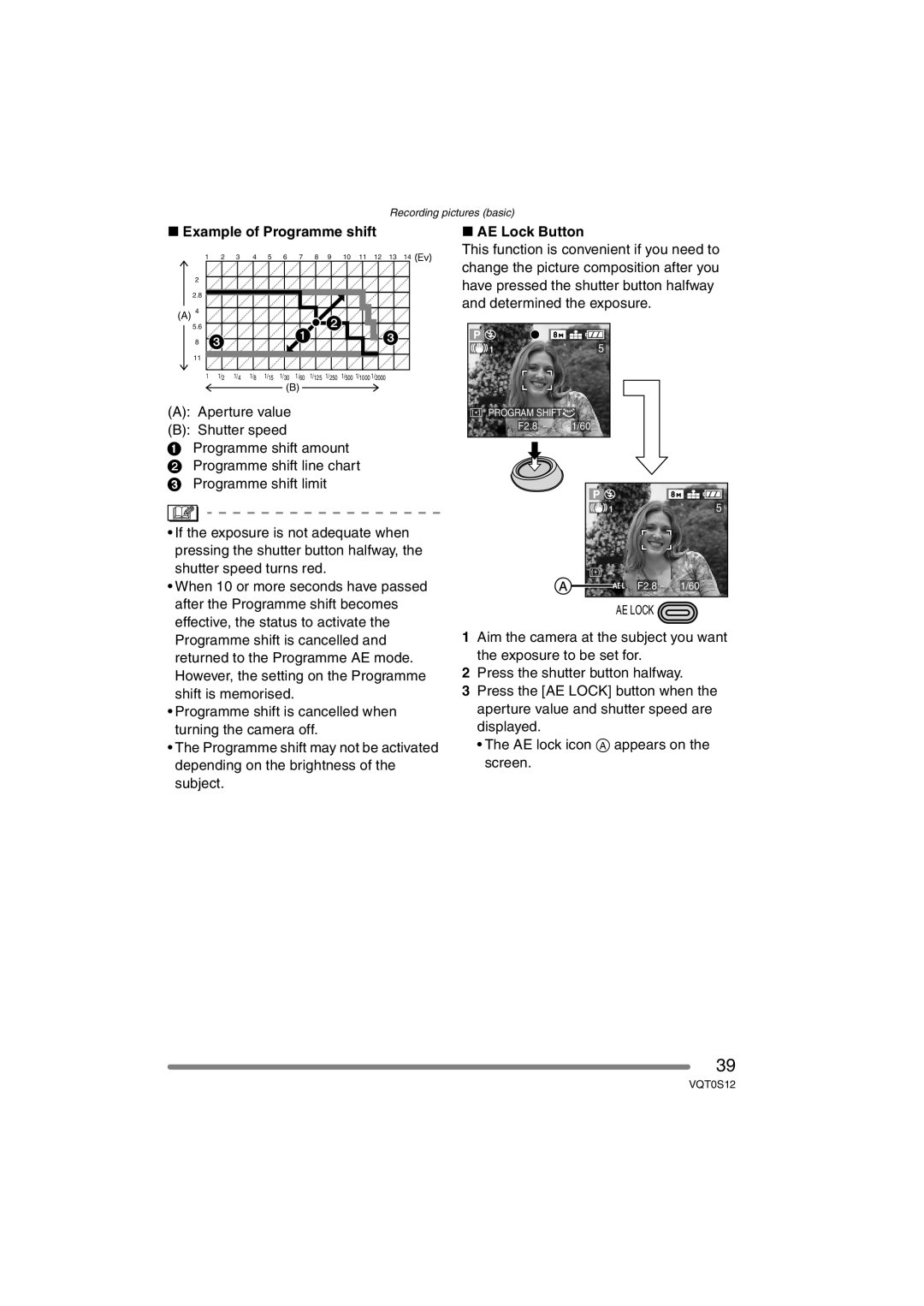 Panasonic DMC-FZ30GN operating instructions Example of Programme shift, AE Lock Button 