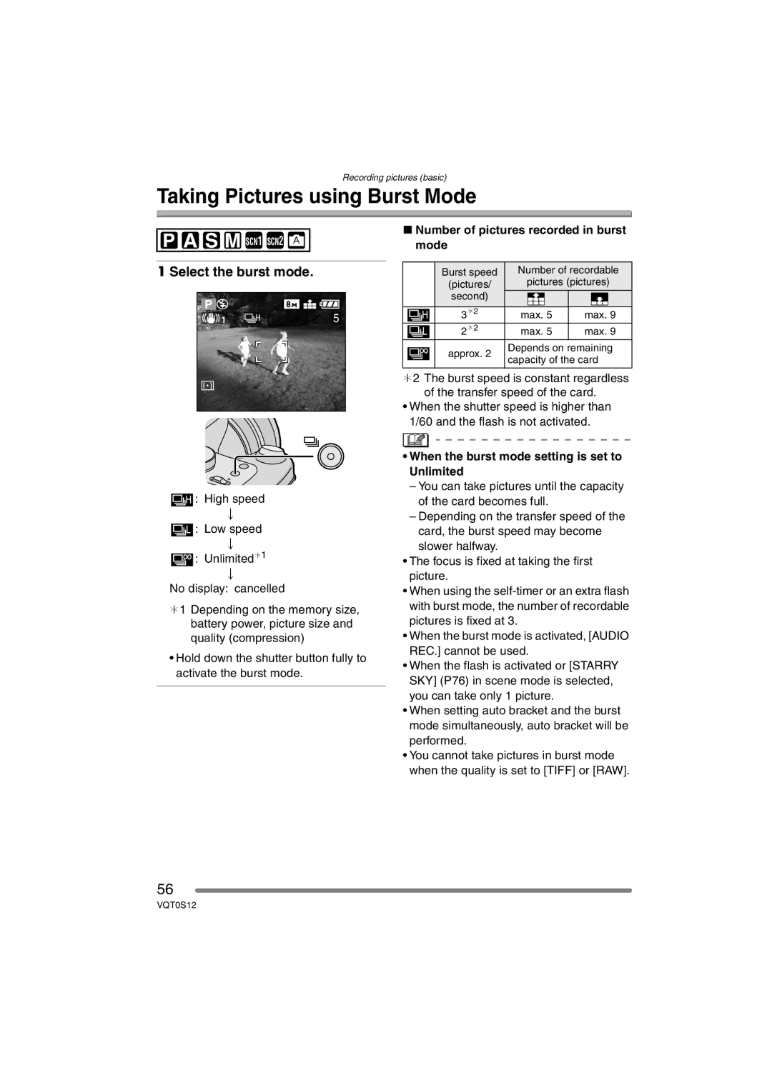 Panasonic DMC-FZ30GN Taking Pictures using Burst Mode, Select the burst mode, Number of pictures recorded in burst mode 