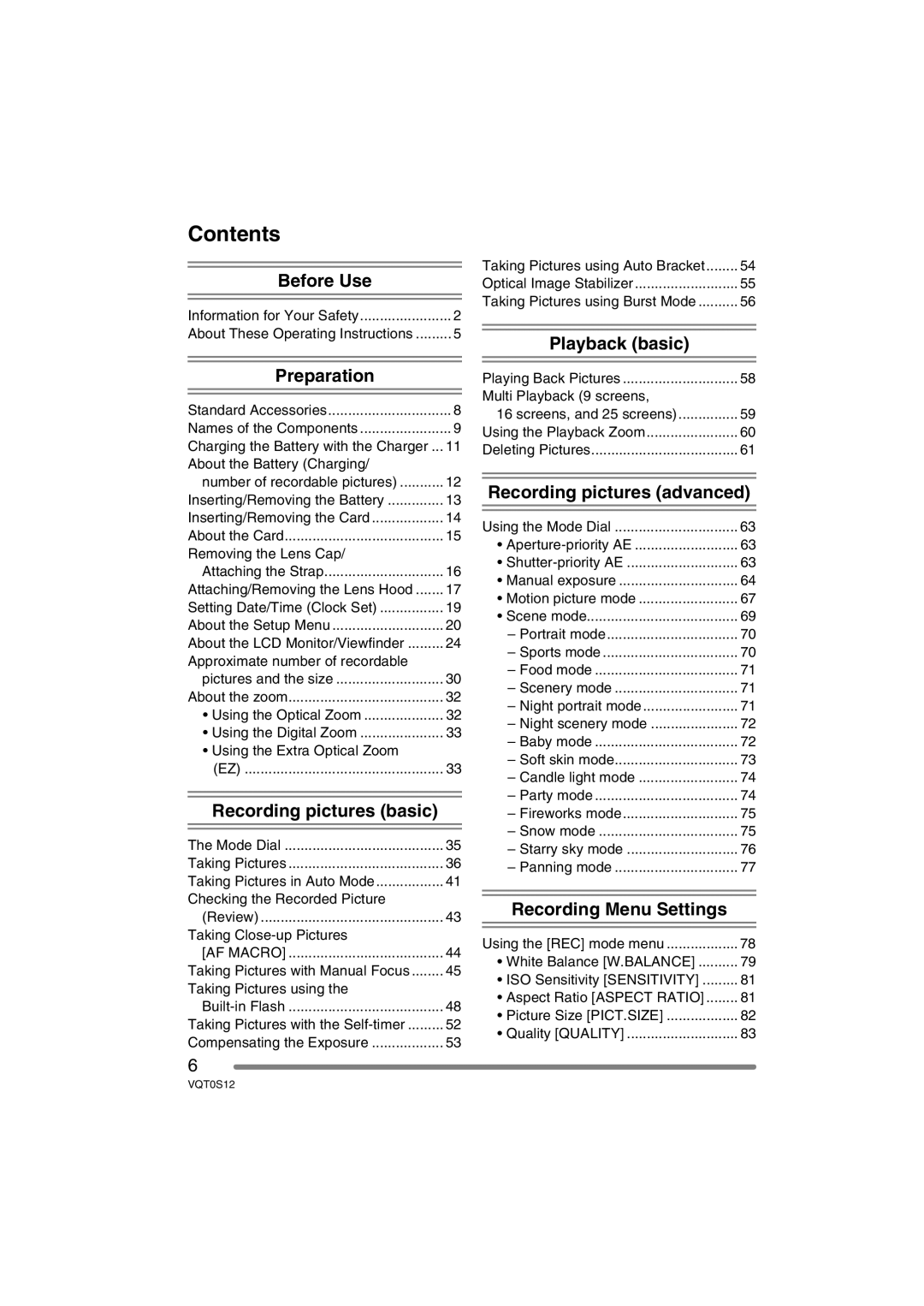 Panasonic DMC-FZ30GN operating instructions Contents 