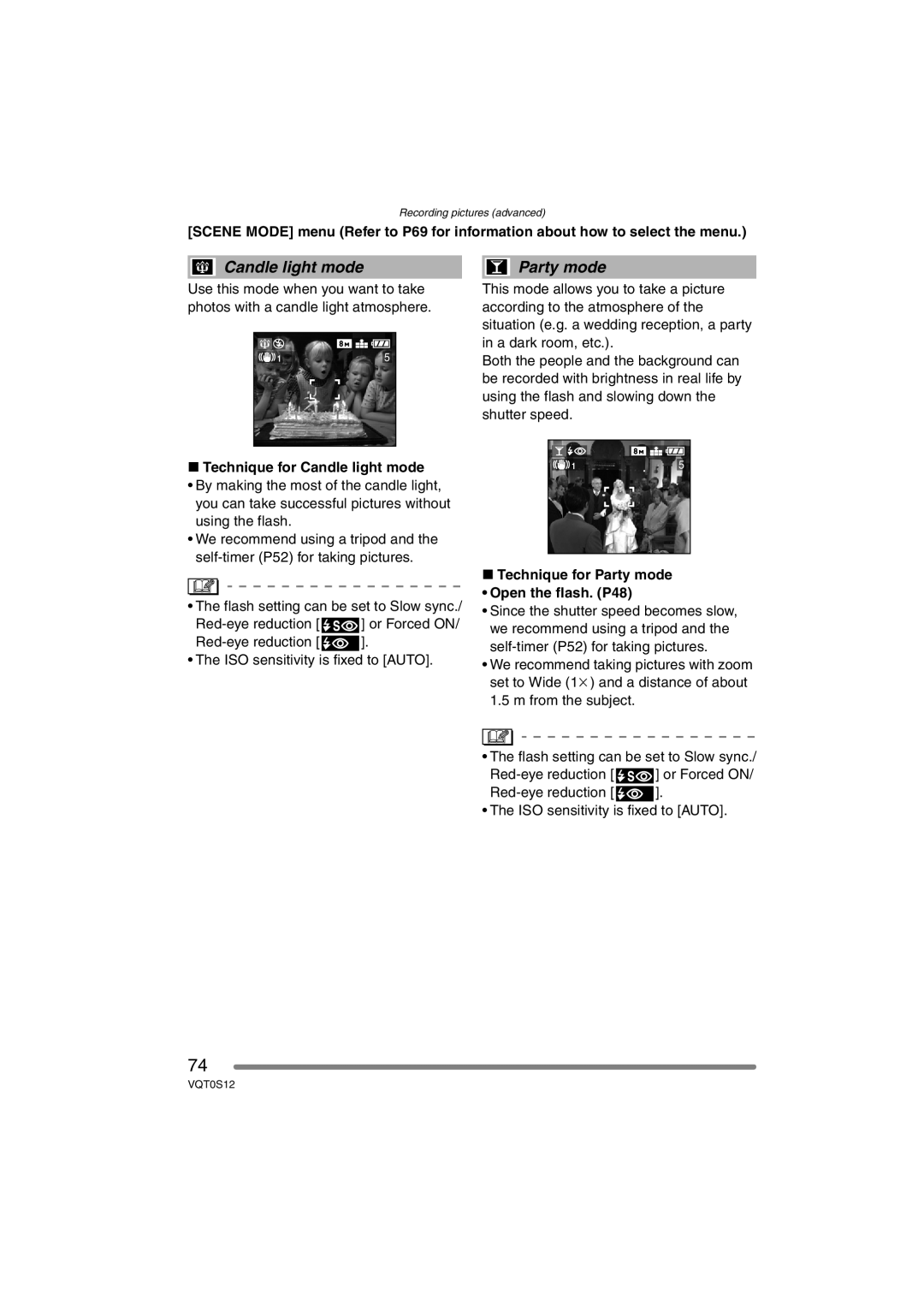 Panasonic DMC-FZ30GN operating instructions Technique for Candle light mode, Technique for Party mode Open the flash. P48 