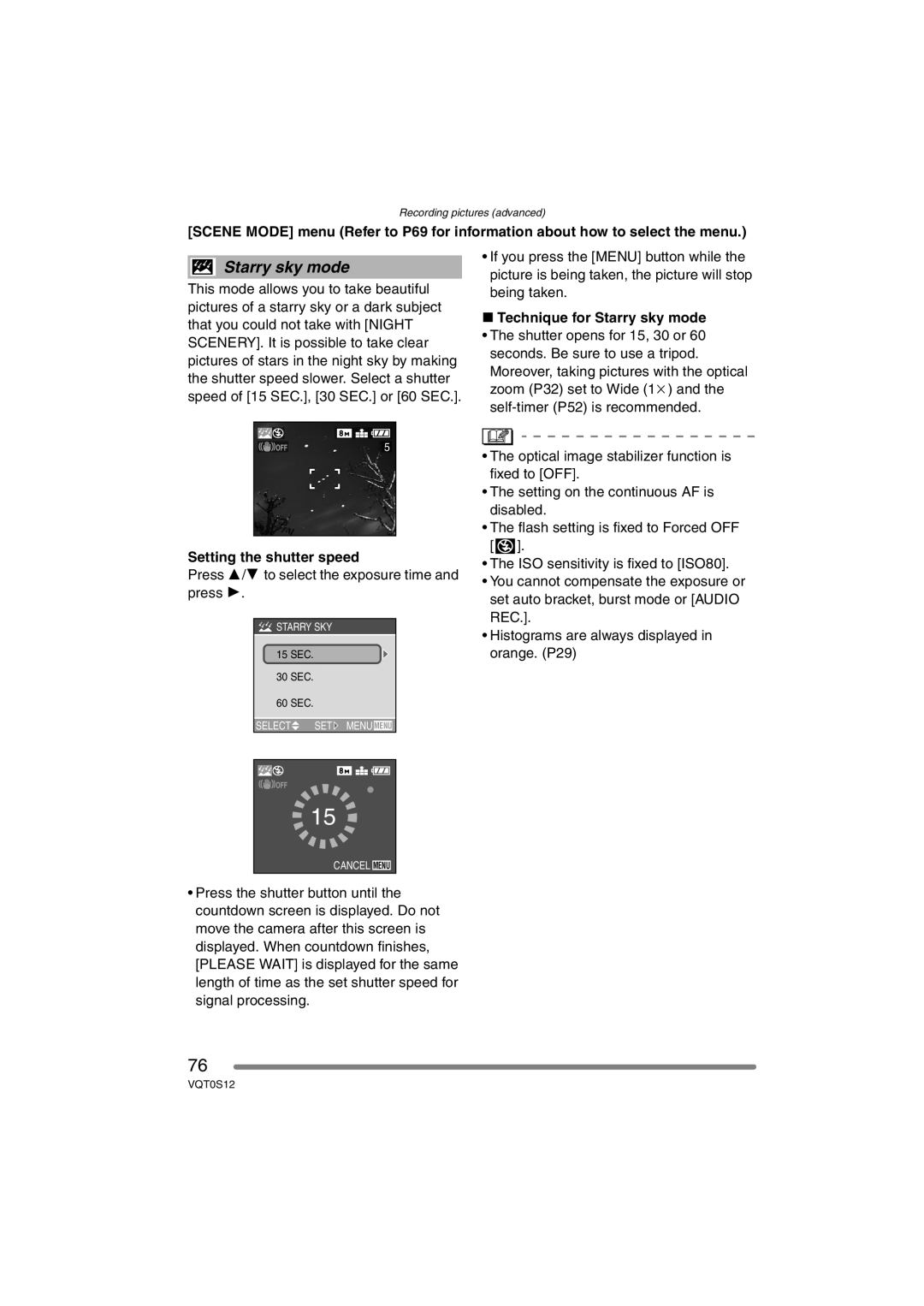 Panasonic DMC-FZ30GN operating instructions Technique for Starry sky mode, Setting the shutter speed 