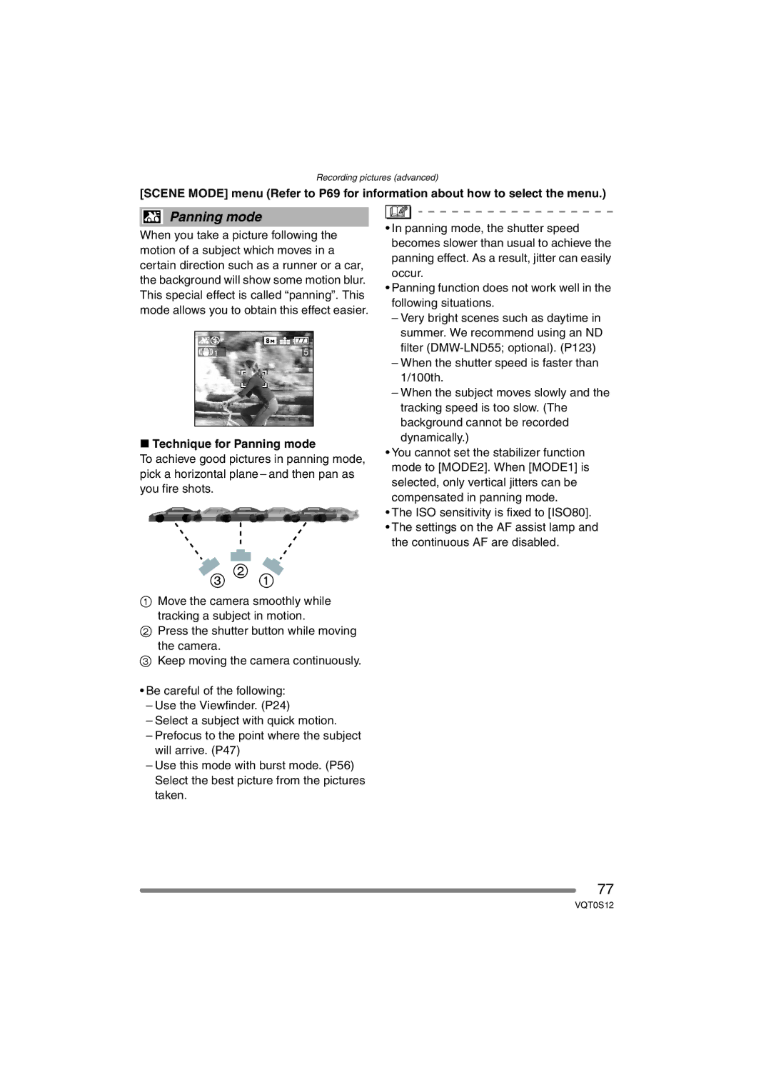 Panasonic DMC-FZ30GN operating instructions Technique for Panning mode 