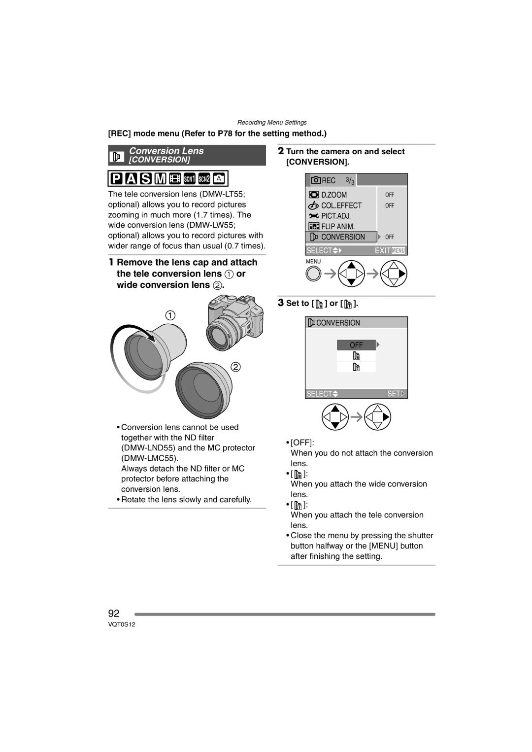 Panasonic DMC-FZ30GN operating instructions Conversion Lens, Set to or, Rotate the lens slowly and carefully OFF 